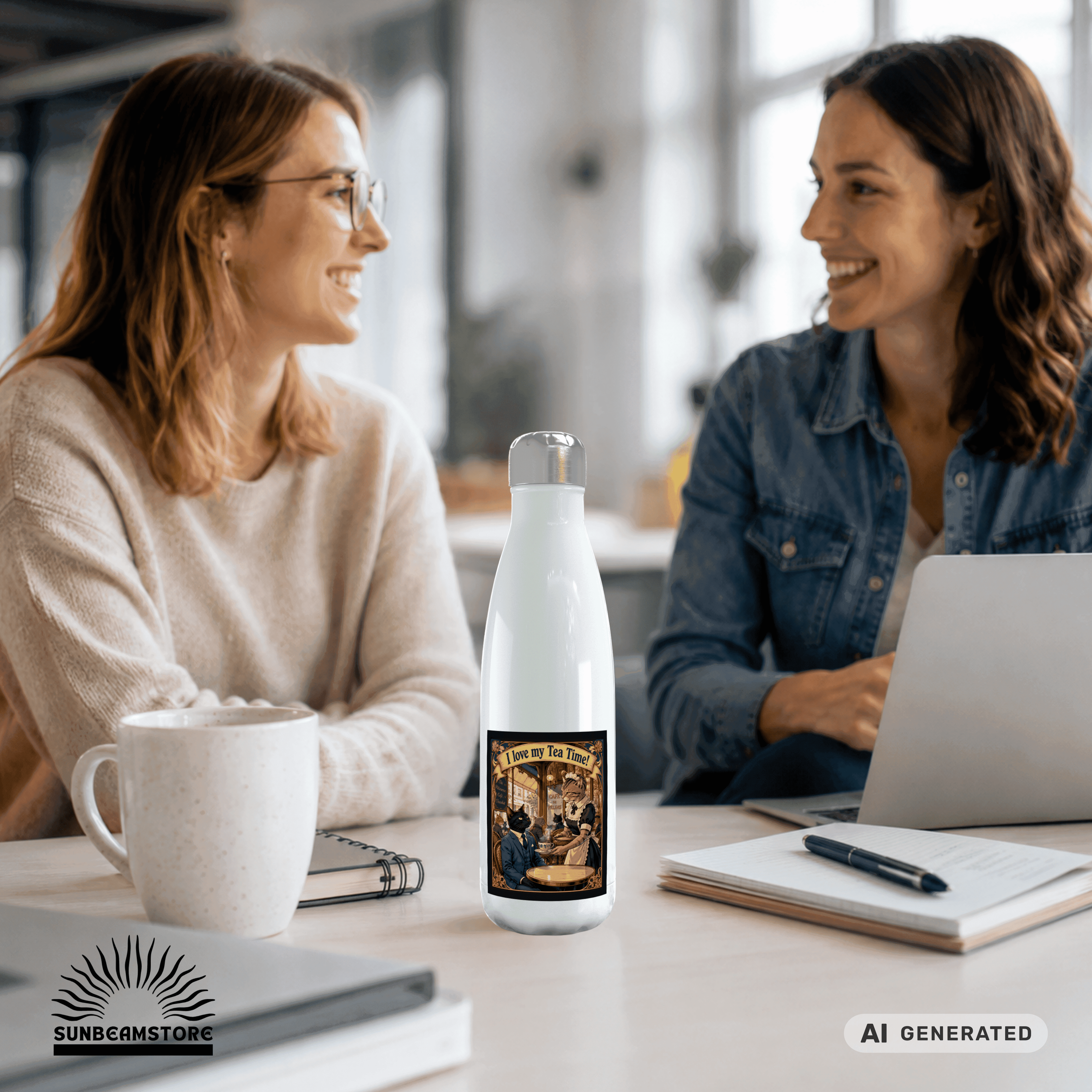 🫖🐱 Katzen Trinkflasche "I Love My Tea Time!" | Edelstahl Isolierflasche 500 ml | Vintage Café Design | Geschenk für Katzen- & Teeliebhaber - Sunbeamstore