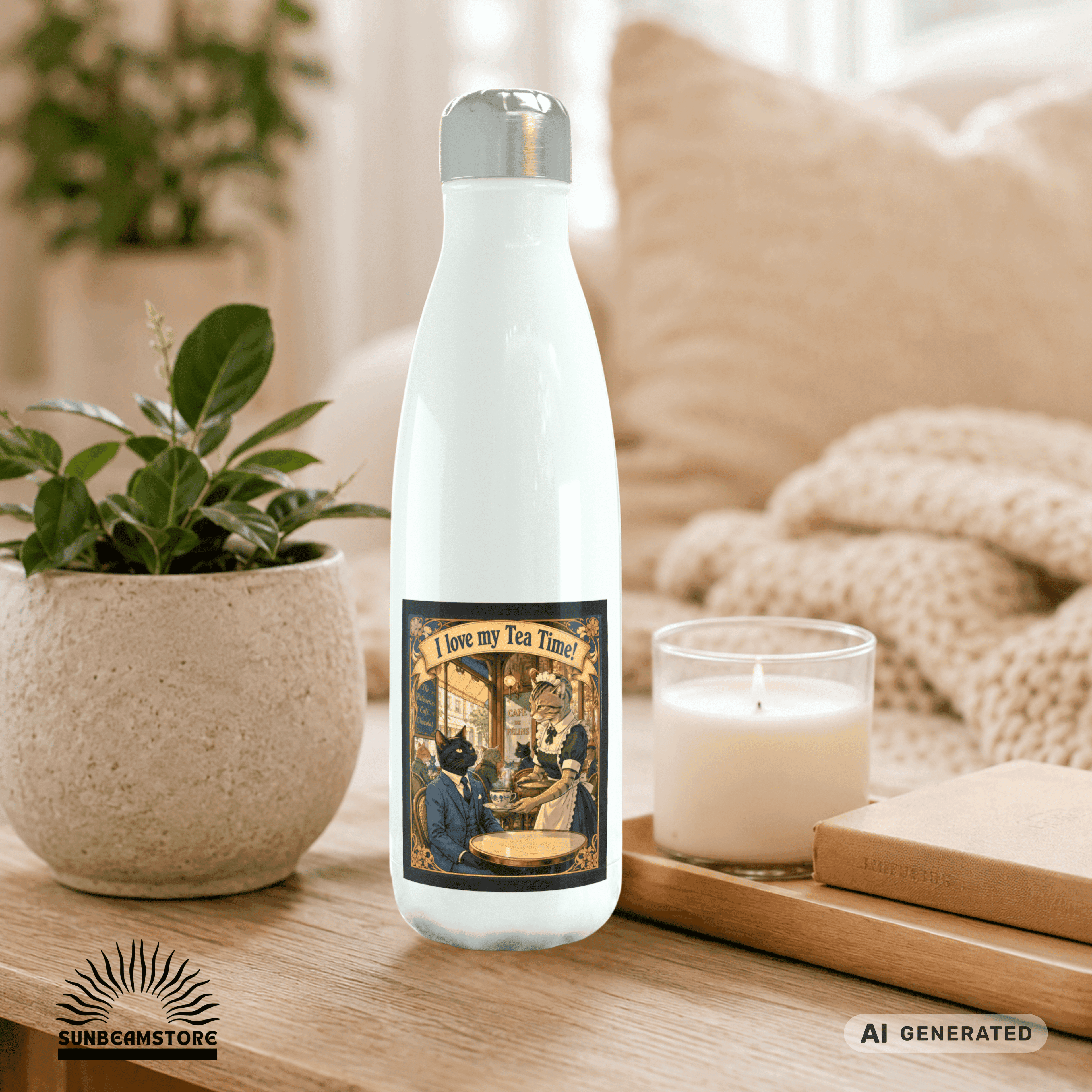 🫖🐱 Katzen Trinkflasche "I Love My Tea Time!" | Edelstahl Isolierflasche 500 ml | Vintage Café Design | Geschenk für Katzen- & Teeliebhaber - Sunbeamstore