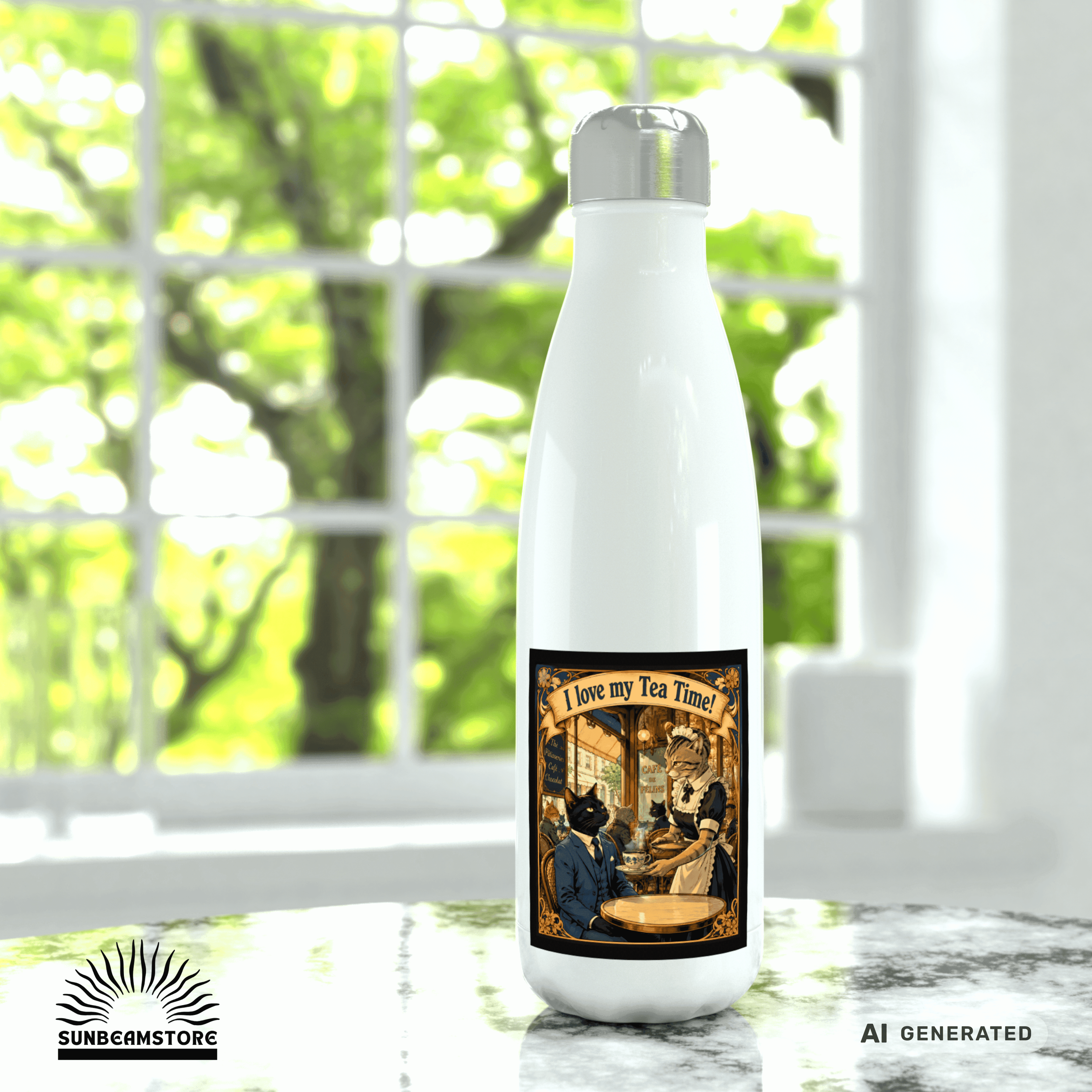 🫖🐱 Katzen Trinkflasche "I Love My Tea Time!" | Edelstahl Isolierflasche 500 ml | Vintage Café Design | Geschenk für Katzen- & Teeliebhaber - Sunbeamstore