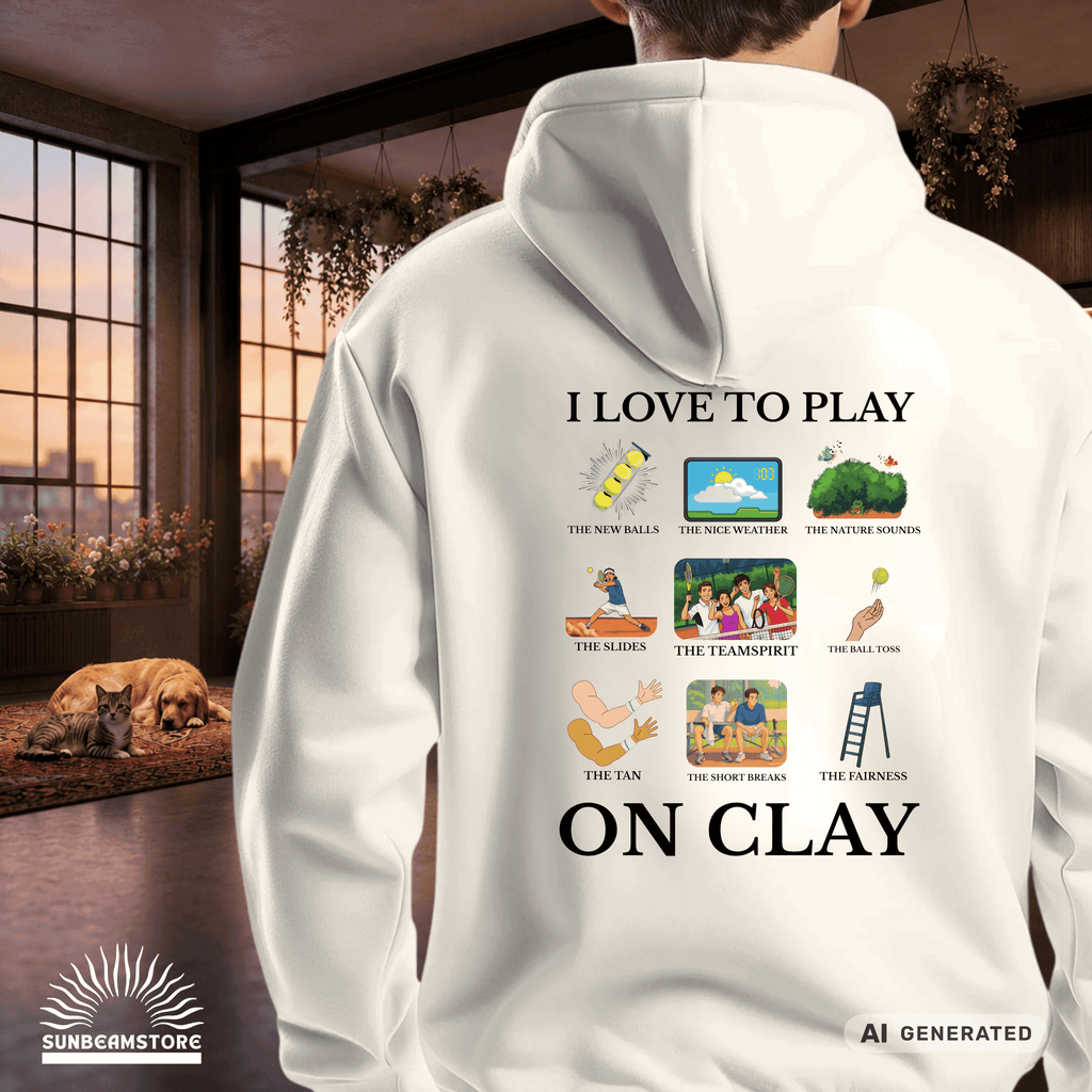 I love to play on clay Tennis Fun Premium Unisex Pullover Hoodie | JustHoods JH001 Arctic White - Sunbeamstore