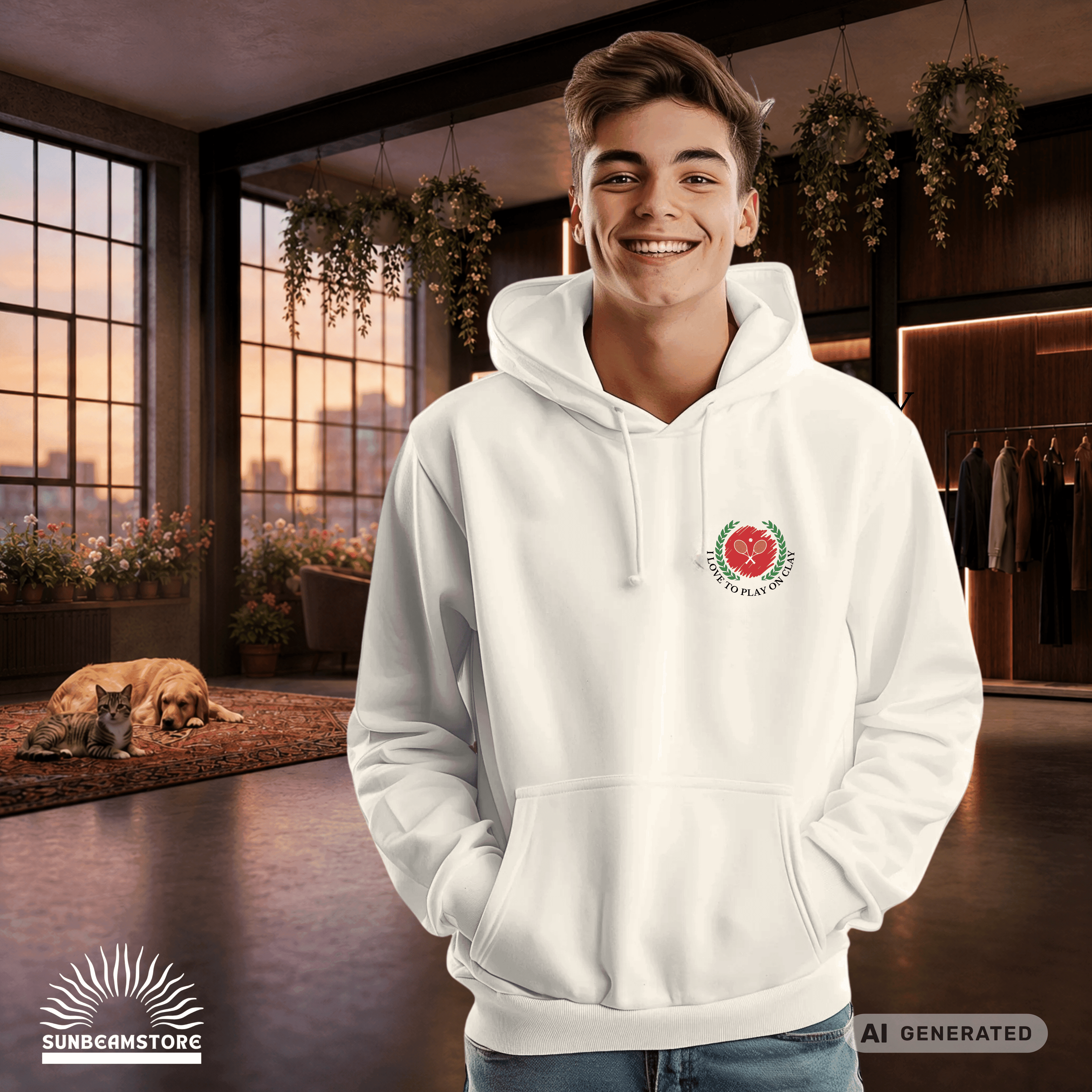 I love to play on clay Tennis Fun Premium Unisex Pullover Hoodie | JustHoods JH001 Arctic White - Sunbeamstore
