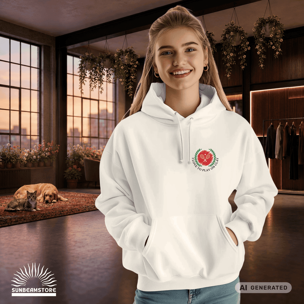 I love to play on clay Tennis Fun Premium Unisex Pullover Hoodie | JustHoods JH001 Arctic White - Sunbeamstore