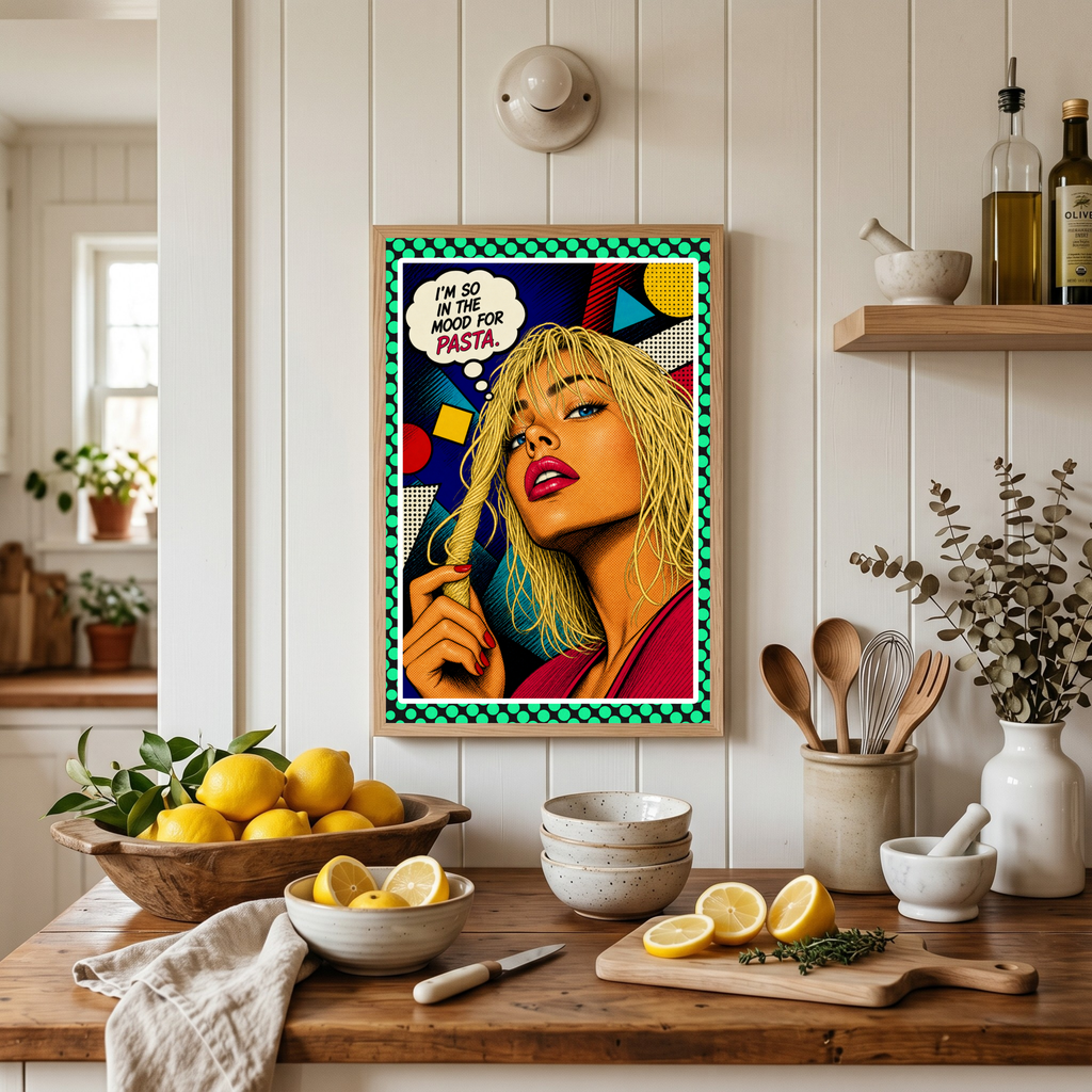 In The Mood For Pasta – Italienisches Pop Art Poster | Lustige Pasta Wandkunst | Retro Comic Küchenbild | The Pasta Series No. 3 | Poster 70x100cm