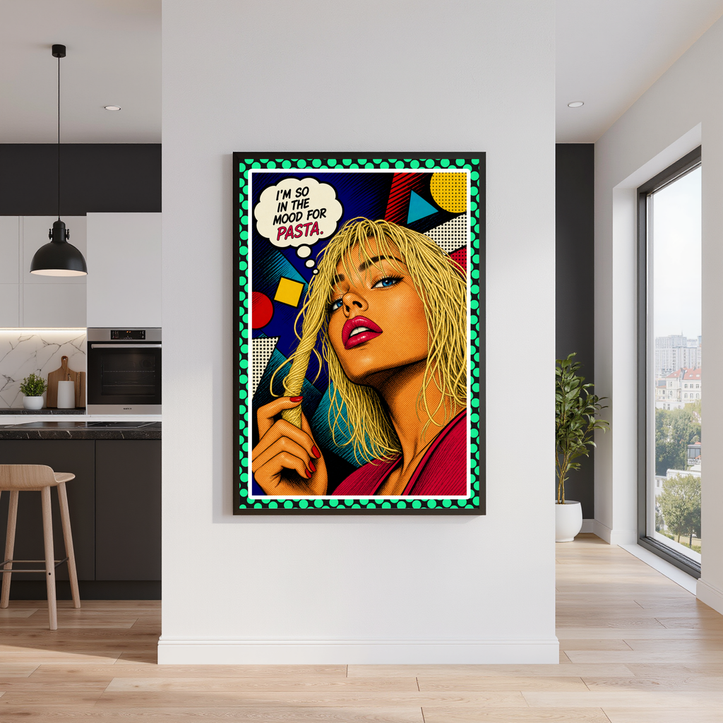 In The Mood For Pasta – Italienisches Pop Art Poster | Lustige Pasta Wandkunst | Retro Comic Küchenbild | The Pasta Series No. 3 | Poster 70x100cm