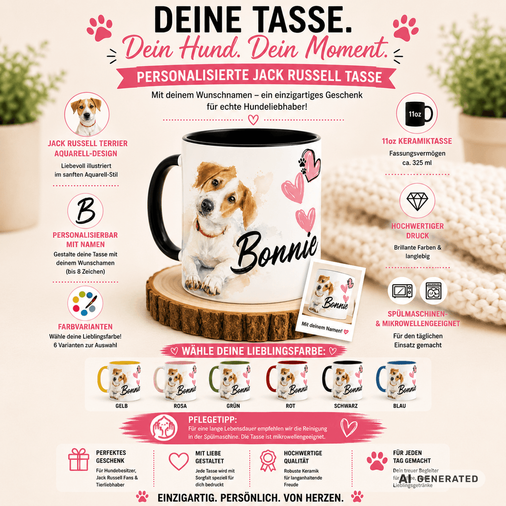 Personalisierte Jack Russell Terrier Tasse 11oz – Aquarell Hundemotiv mit Namen | Geschenk für Jack Russell Terrier Besitzer | Keramiktasse mit Farbwahl - Sunbeamstore