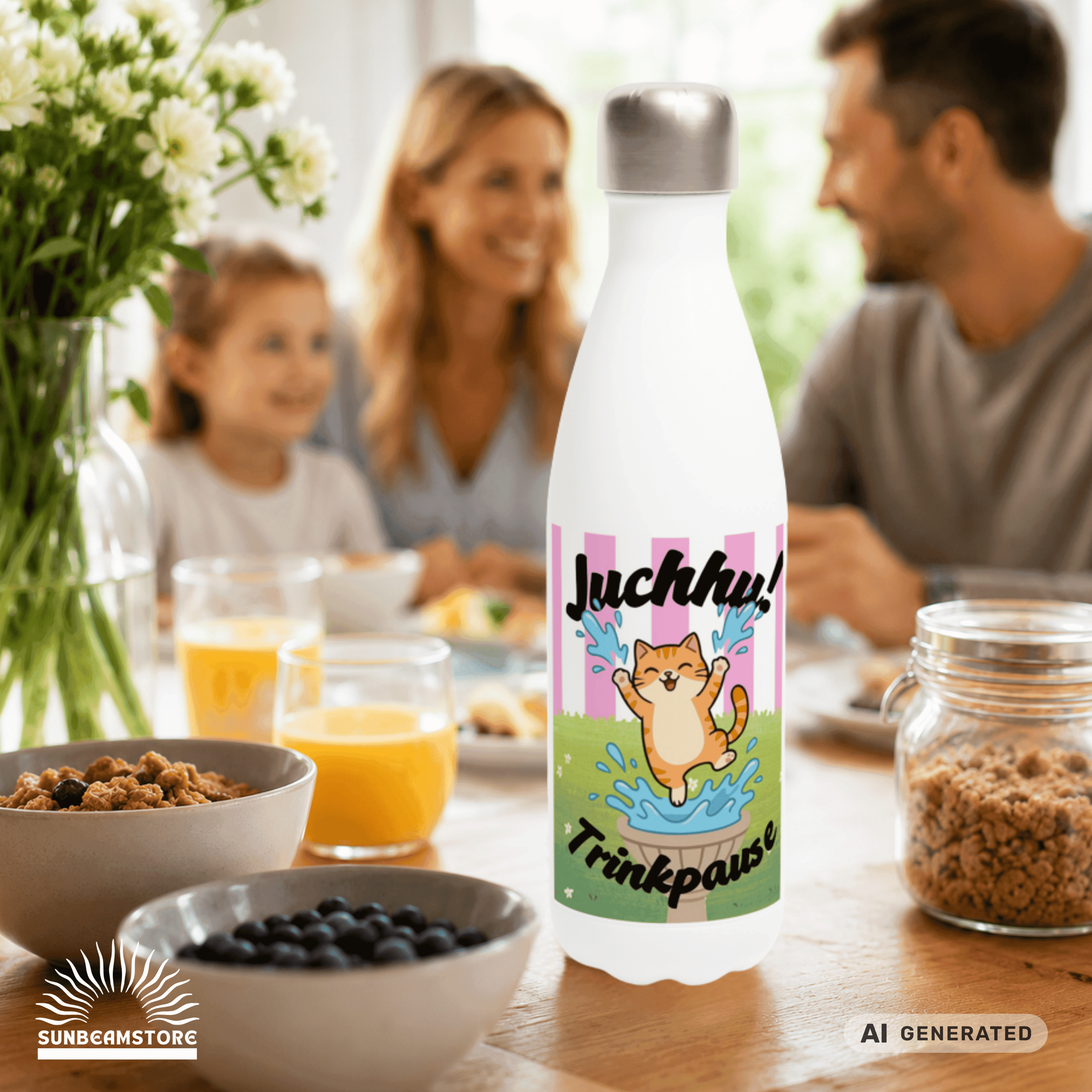 Katzen Trinkflasche "Juchhu! Trinkpause!" | Isolierflasche 500 ml | Lustiges Geschenk für Katzenliebhaber - Sunbeamstore