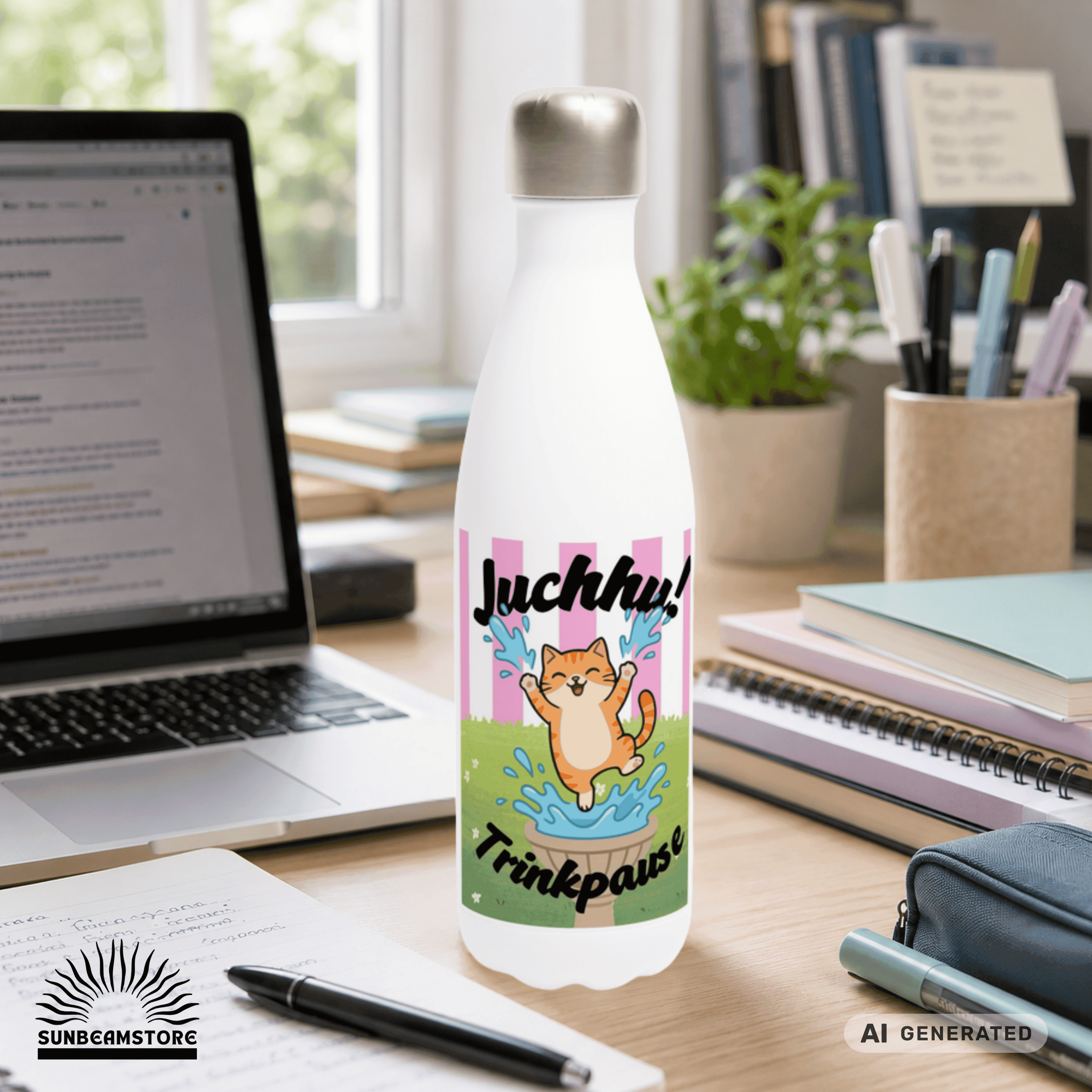 Katzen Trinkflasche "Juchhu! Trinkpause!" | Isolierflasche 500 ml | Lustiges Geschenk für Katzenliebhaber - Sunbeamstore