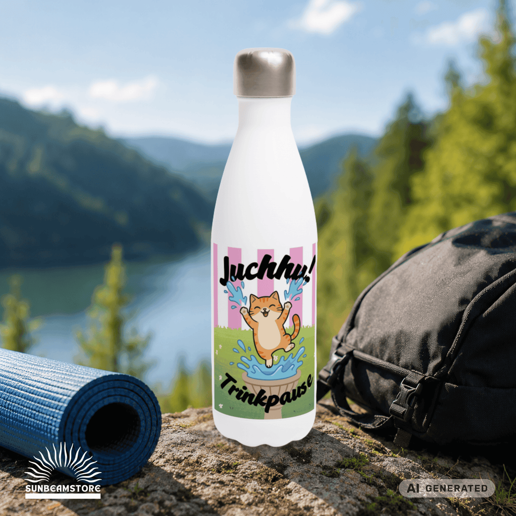Katzen Trinkflasche "Juchhu! Trinkpause!" | Isolierflasche 500 ml | Lustiges Geschenk für Katzenliebhaber - Sunbeamstore