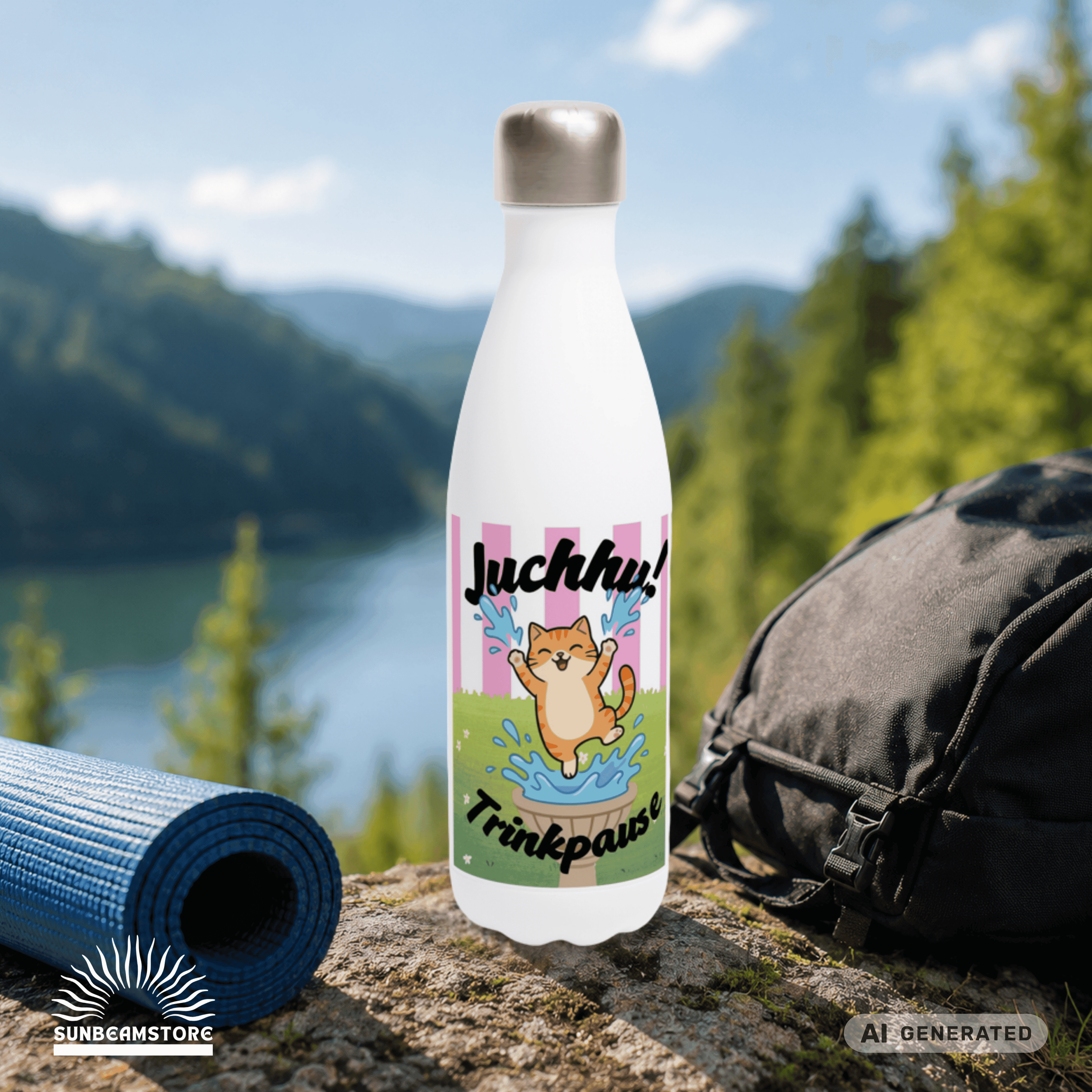 Katzen Trinkflasche "Juchhu! Trinkpause!" | Isolierflasche 500 ml | Lustiges Geschenk für Katzenliebhaber - Sunbeamstore