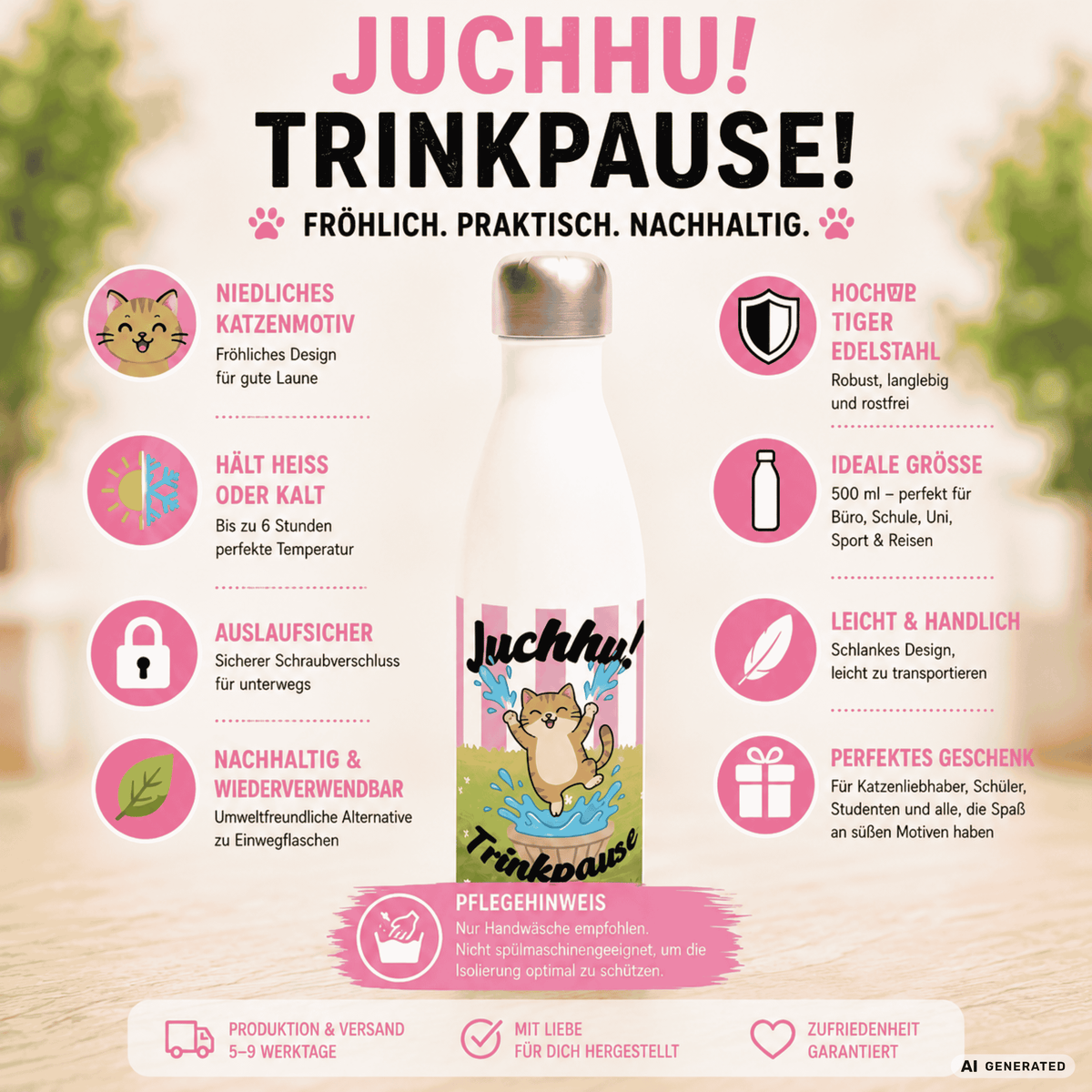 Katzen Trinkflasche "Juchhu! Trinkpause!" | Isolierflasche 500 ml | Lustiges Geschenk für Katzenliebhaber - Sunbeamstore