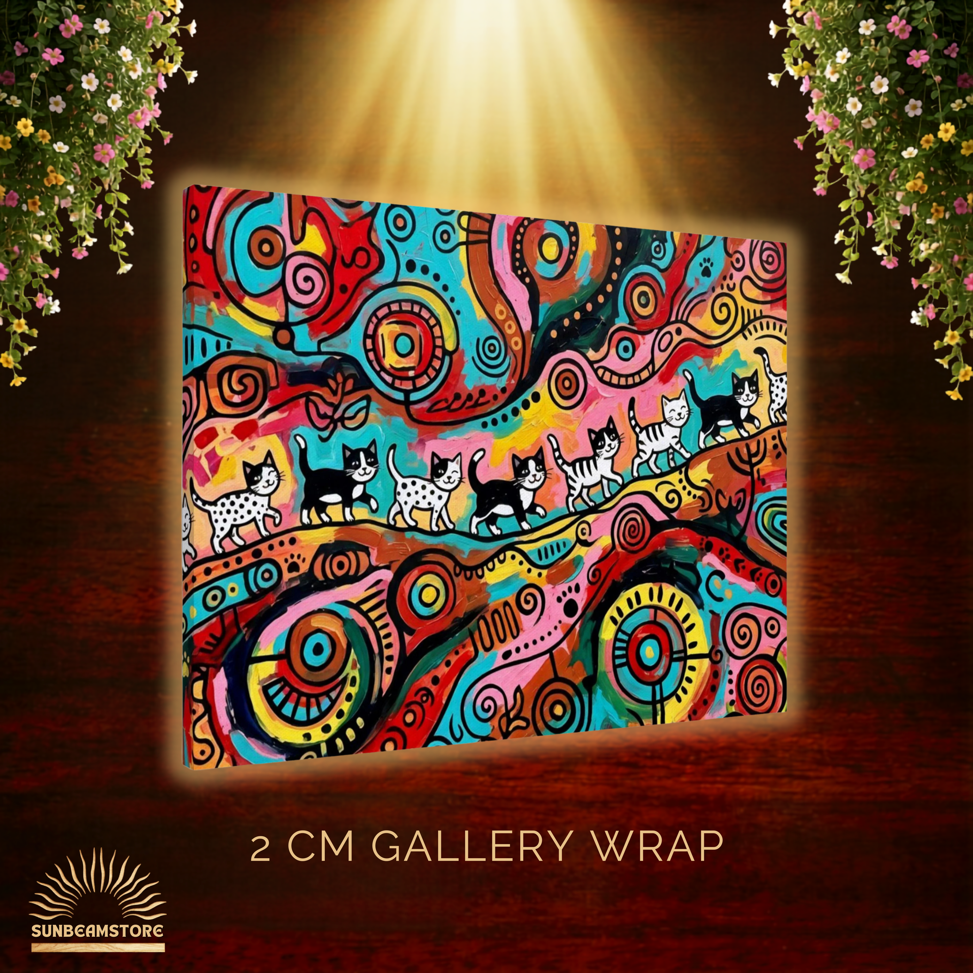 Kittens Walking on Sunshine – Bunte Katzen Kunst auf Leinwand 70 x 100 cm | Moderne Pop Art Wanddekoration I Canvas 70x100 cm / 28x40″