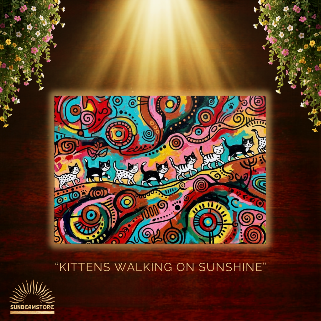 Kittens Walking on Sunshine – Bunte Katzen Kunst auf Leinwand 70 x 100 cm | Moderne Pop Art Wanddekoration I Canvas 70x100 cm / 28x40″