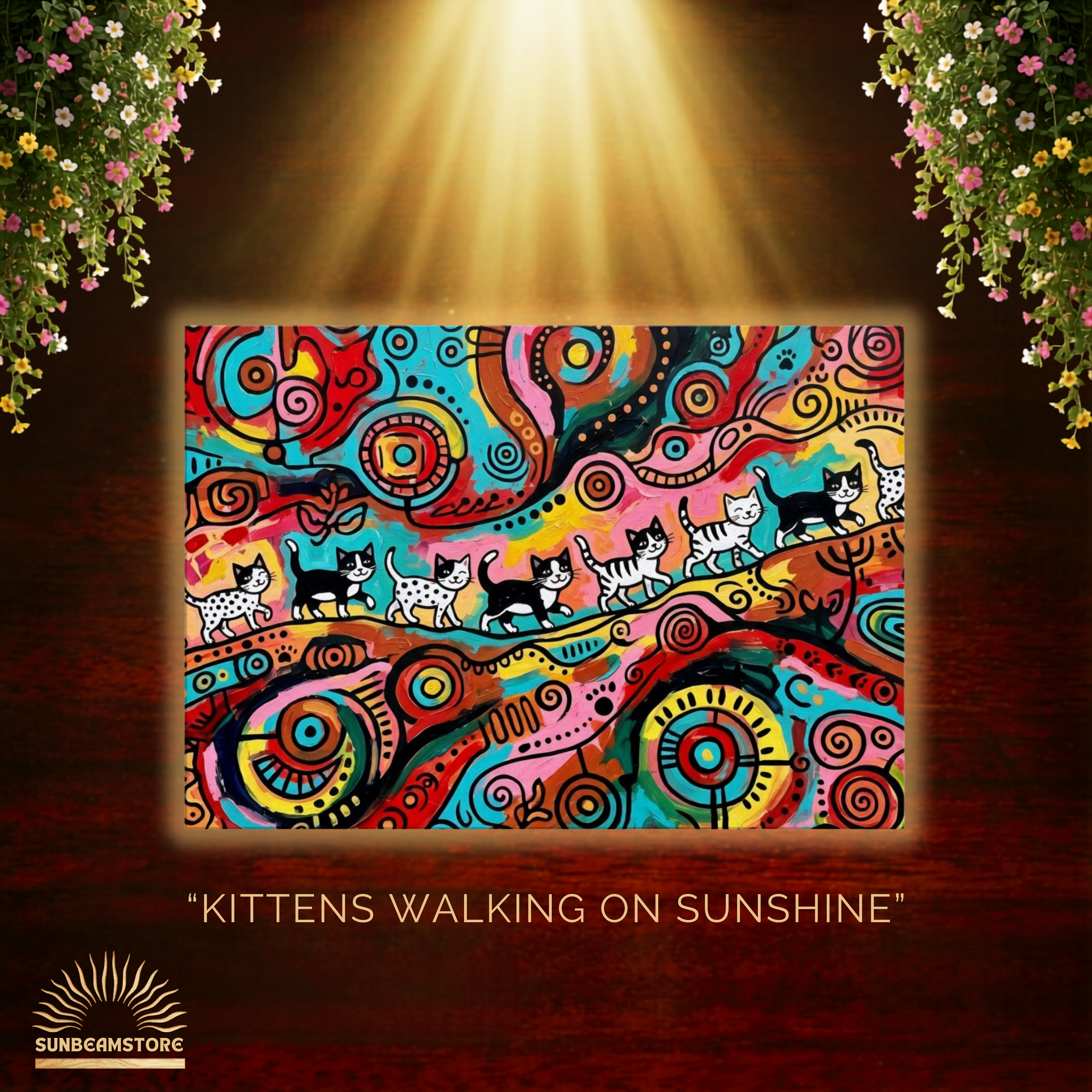 Kittens Walking on Sunshine – Bunte Katzen Kunst auf Leinwand 70 x 100 cm | Moderne Pop Art Wanddekoration I Canvas 70x100 cm / 28x40″