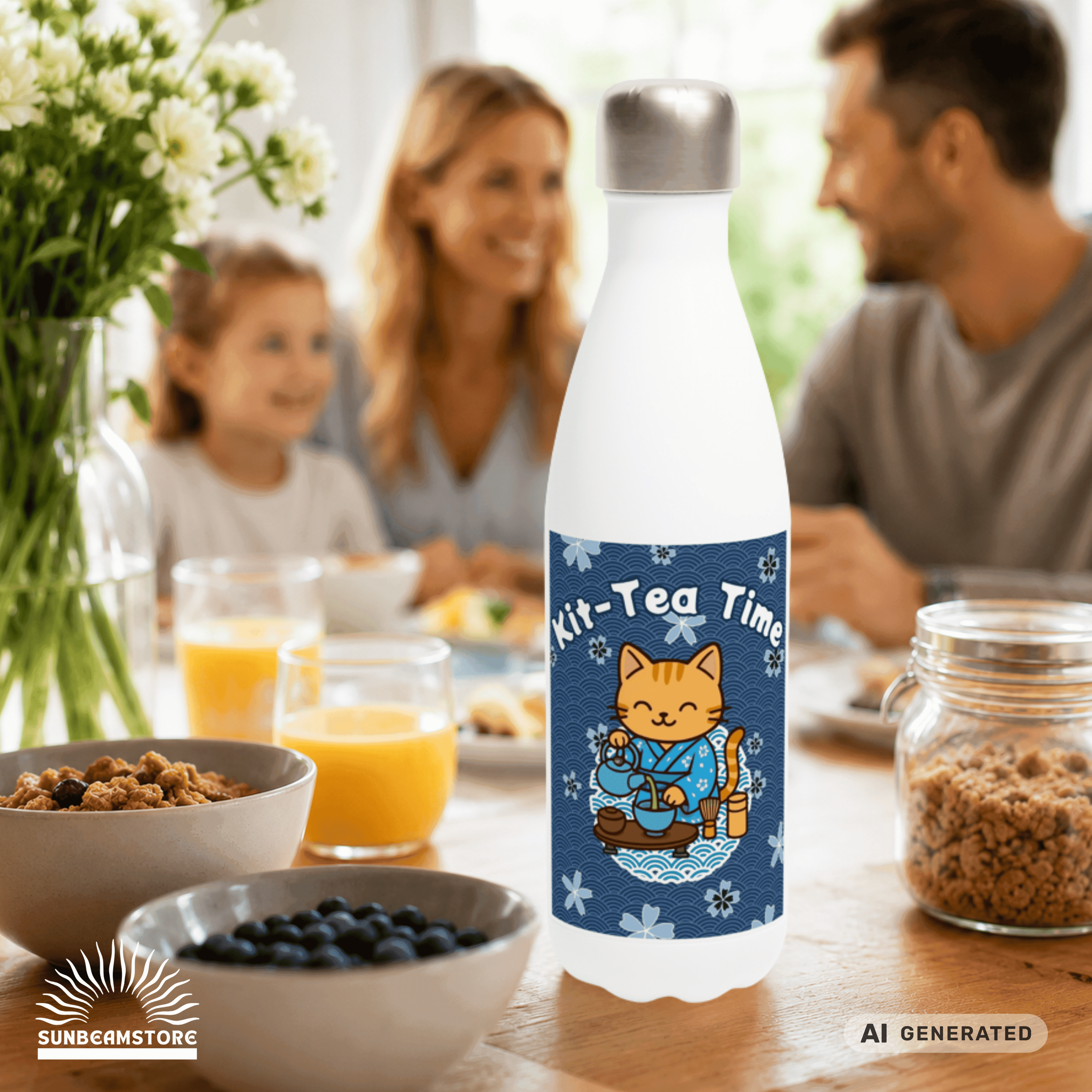 🍵🐱 Katzen Trinkflasche "Kit-Tea Time" | Isolierflasche 500 ml | Geschenk für Katzenliebhaber - Sunbeamstore