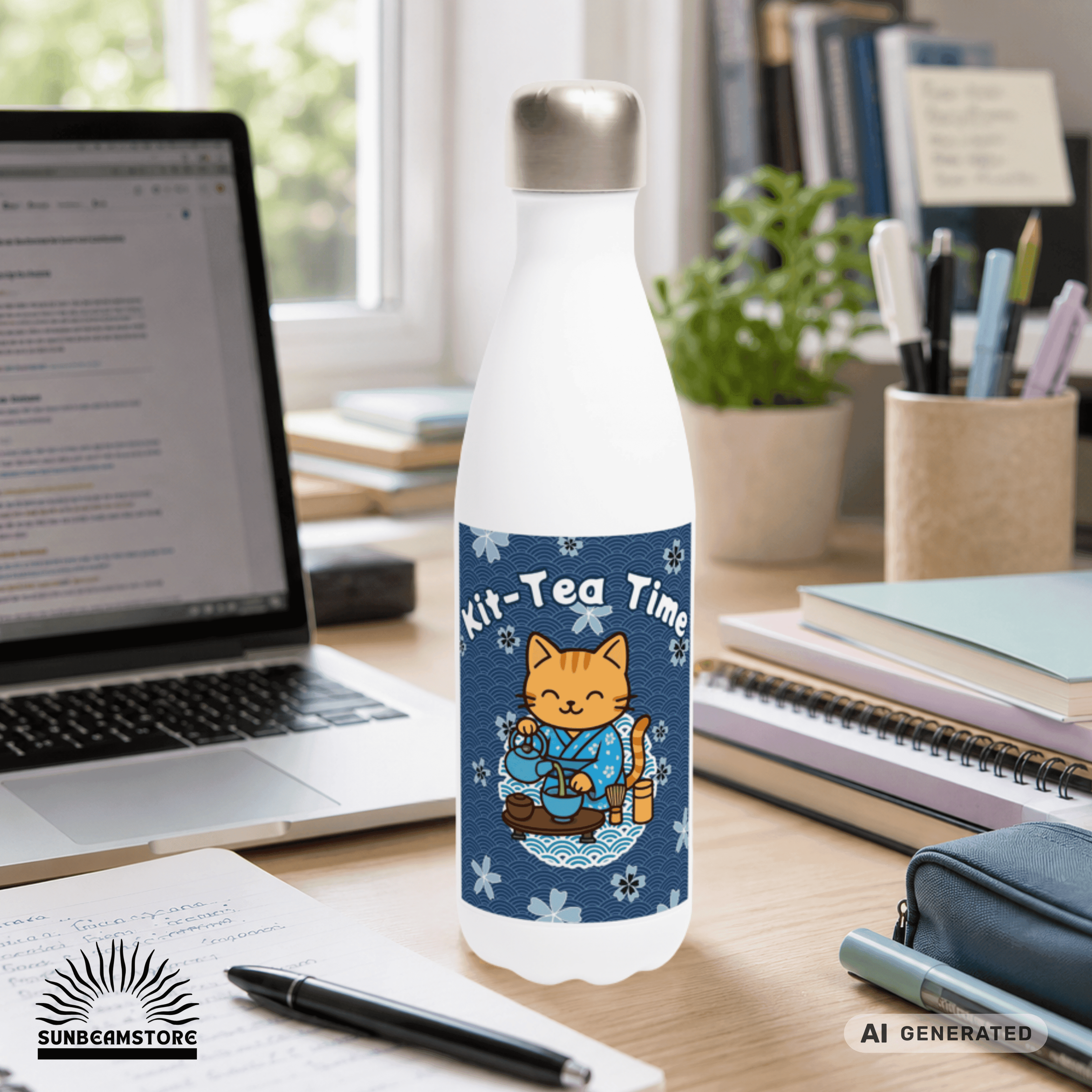 🍵🐱 Katzen Trinkflasche "Kit-Tea Time" | Isolierflasche 500 ml | Geschenk für Katzenliebhaber - Sunbeamstore