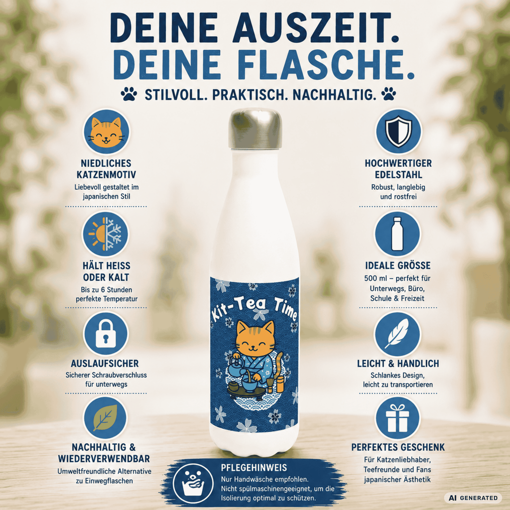 🍵🐱 Katzen Trinkflasche "Kit-Tea Time" | Isolierflasche 500 ml | Geschenk für Katzenliebhaber - Sunbeamstore