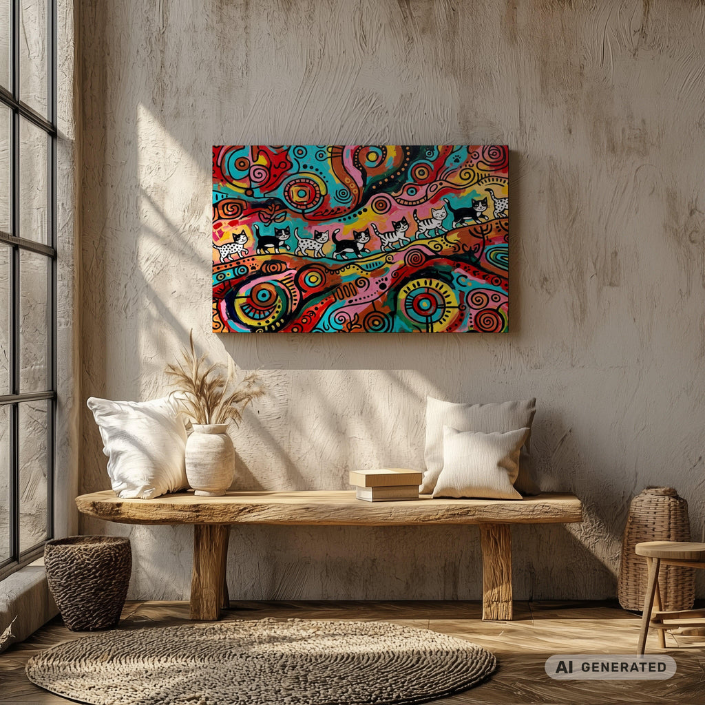 Kittens Walking on Sunshine – Bunte Katzen Kunst auf Leinwand 70 x 100 cm | Moderne Pop Art Wanddekoration I Canvas 70x100 cm / 28x40″ - Sunbeamstore