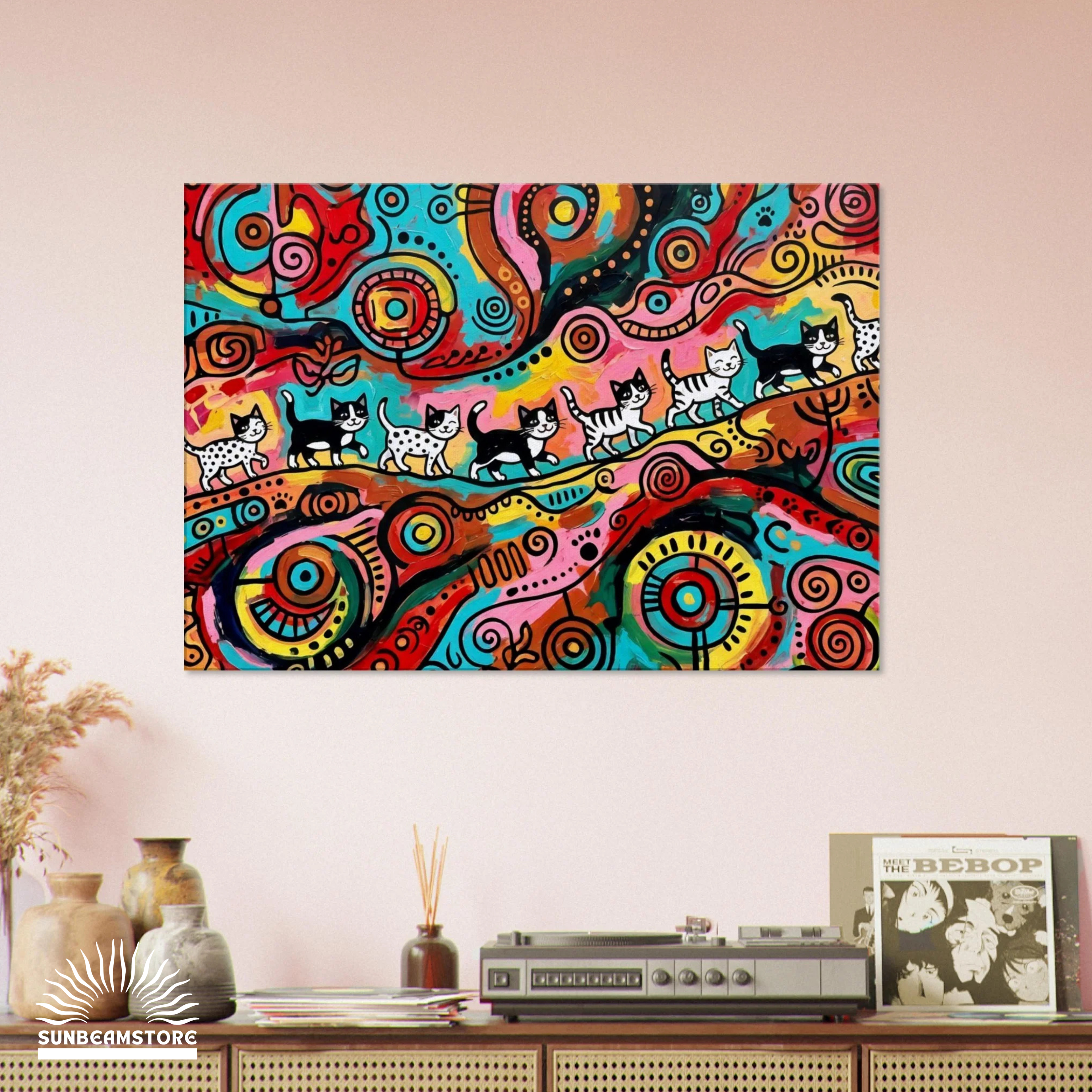 Kittens Walking on Sunshine – Bunte Katzen Kunst auf Leinwand 70 x 100 cm | Moderne Pop Art Wanddekoration I Canvas 70x100 cm / 28x40″