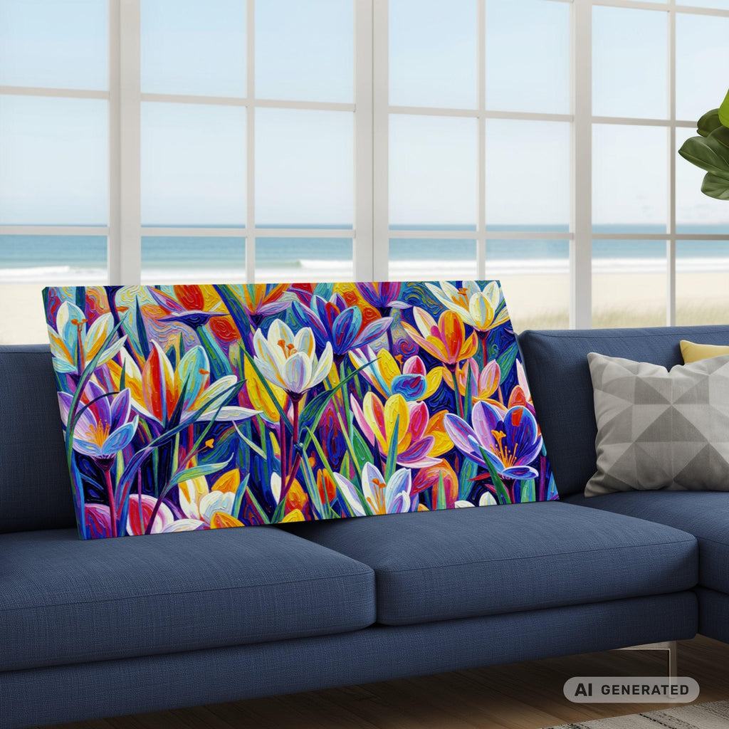 Krokus Frühlingserwachen II – Leinwandbild 100×50 cm | Helles Blumenbild auf Canvas | Moderne Wandkunst - Sunbeamstore