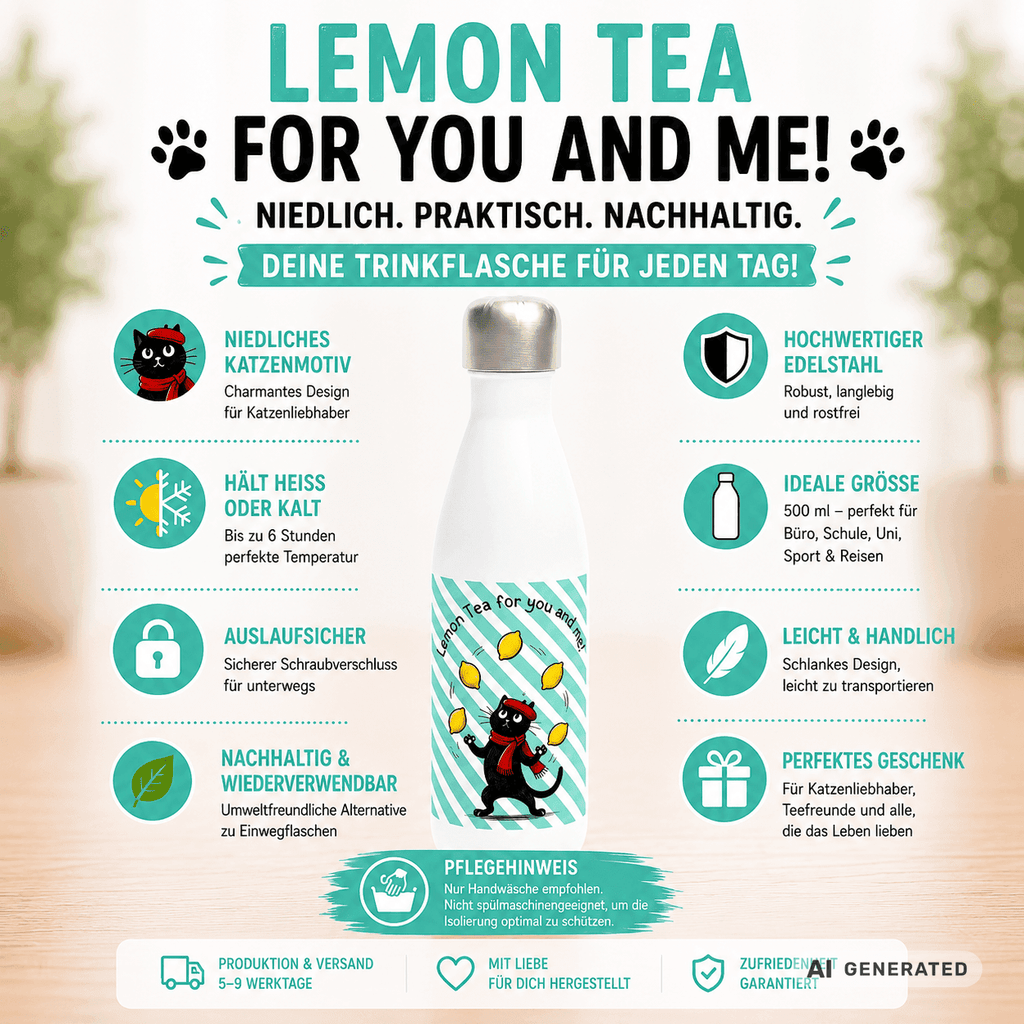 🍋🐱 Katzen Trinkflasche "Lemon Tea for You and Me!" | Isolierflasche 500 ml | Edelstahl Wasserflasche für Katzenfans - Sunbeamstore