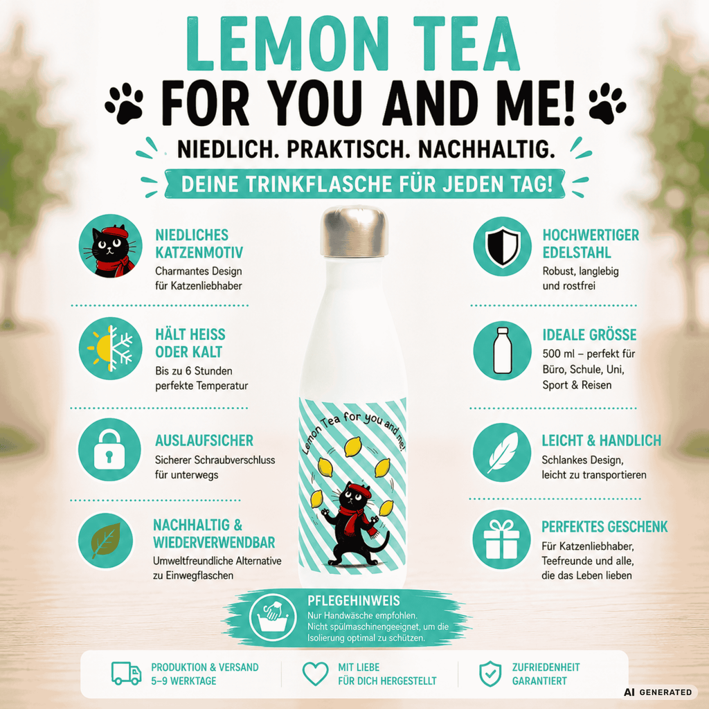 🍋🐱 Katzen Trinkflasche "Lemon Tea for You and Me!" | Isolierflasche 500 ml | Edelstahl Wasserflasche für Katzenfans - Sunbeamstore