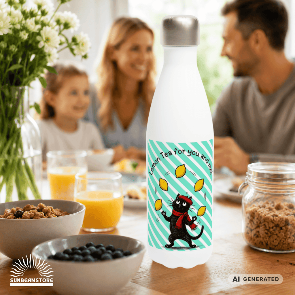 🍋🐱 Katzen Trinkflasche "Lemon Tea for You and Me!" | Isolierflasche 500 ml | Edelstahl Wasserflasche für Katzenfans - Sunbeamstore