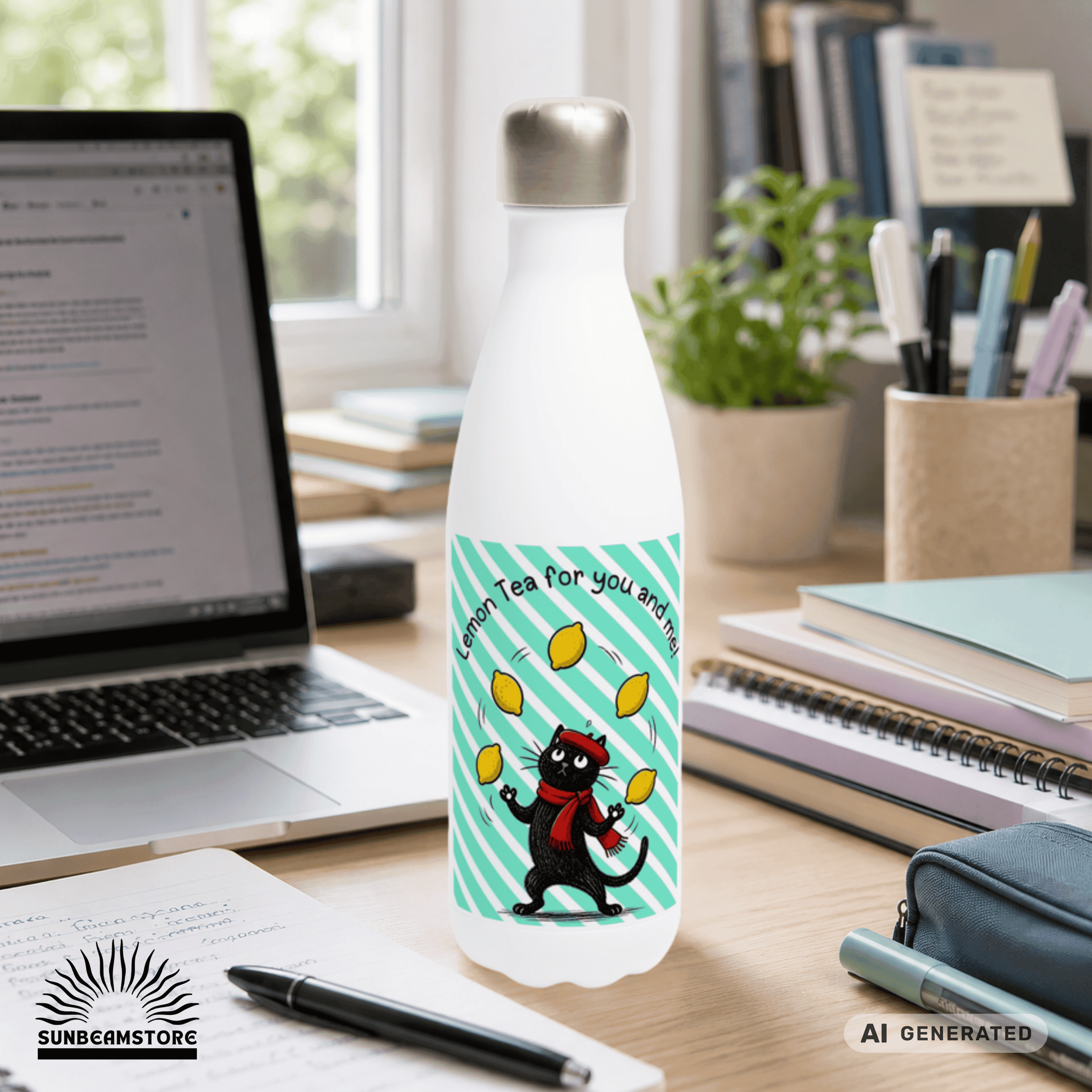 🍋🐱 Katzen Trinkflasche "Lemon Tea for You and Me!" | Isolierflasche 500 ml | Edelstahl Wasserflasche für Katzenfans - Sunbeamstore