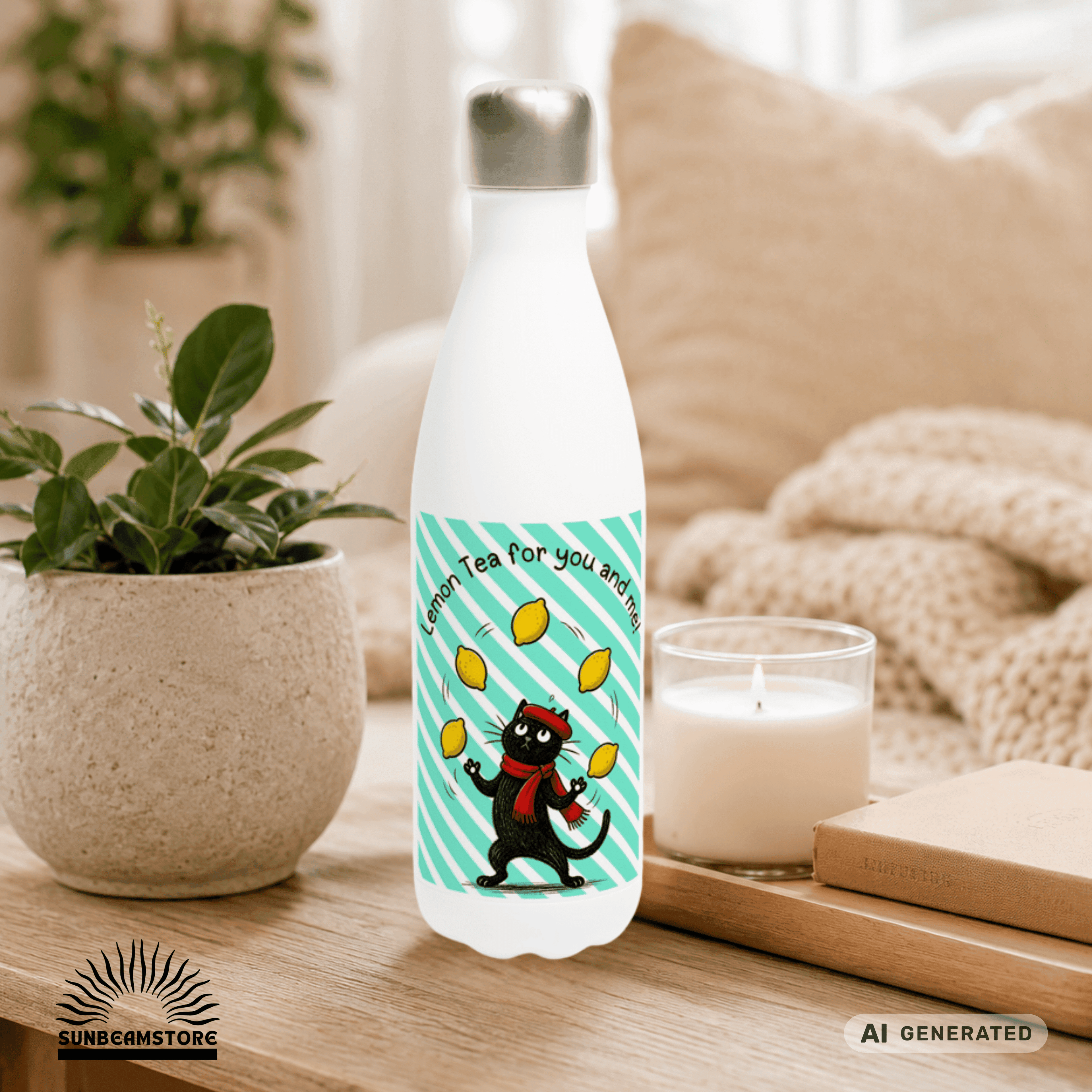 🍋🐱 Katzen Trinkflasche "Lemon Tea for You and Me!" | Isolierflasche 500 ml | Edelstahl Wasserflasche für Katzenfans - Sunbeamstore
