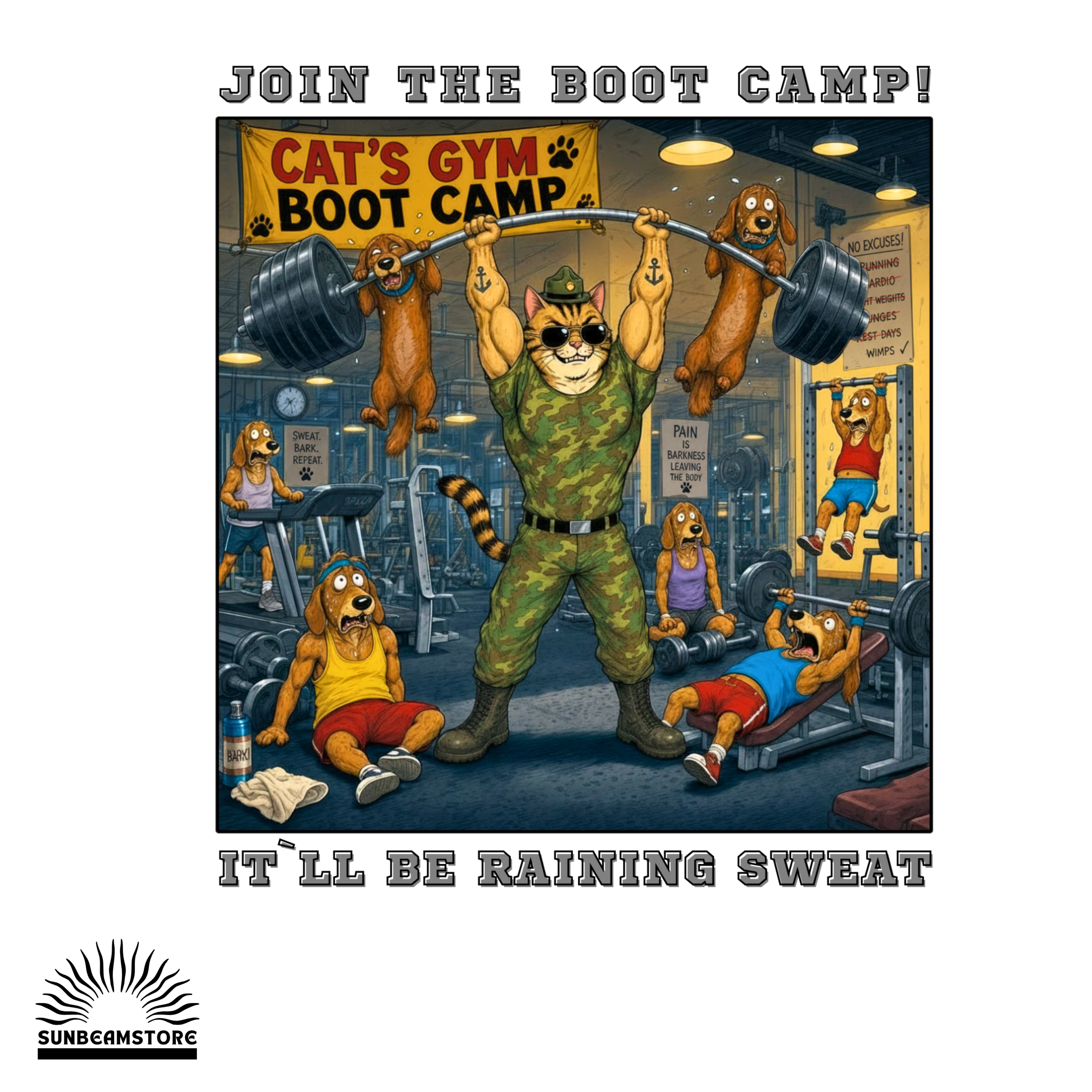 Max The Gym Cat T-Shirt II – Join the Boot Camp | Lustiges Fitness Katzen Shirt mit Rückenprint für Gym Fans & Katzenliebhaber Premium Unisex Crewneck T-shirt | Bella + Canvas 3001