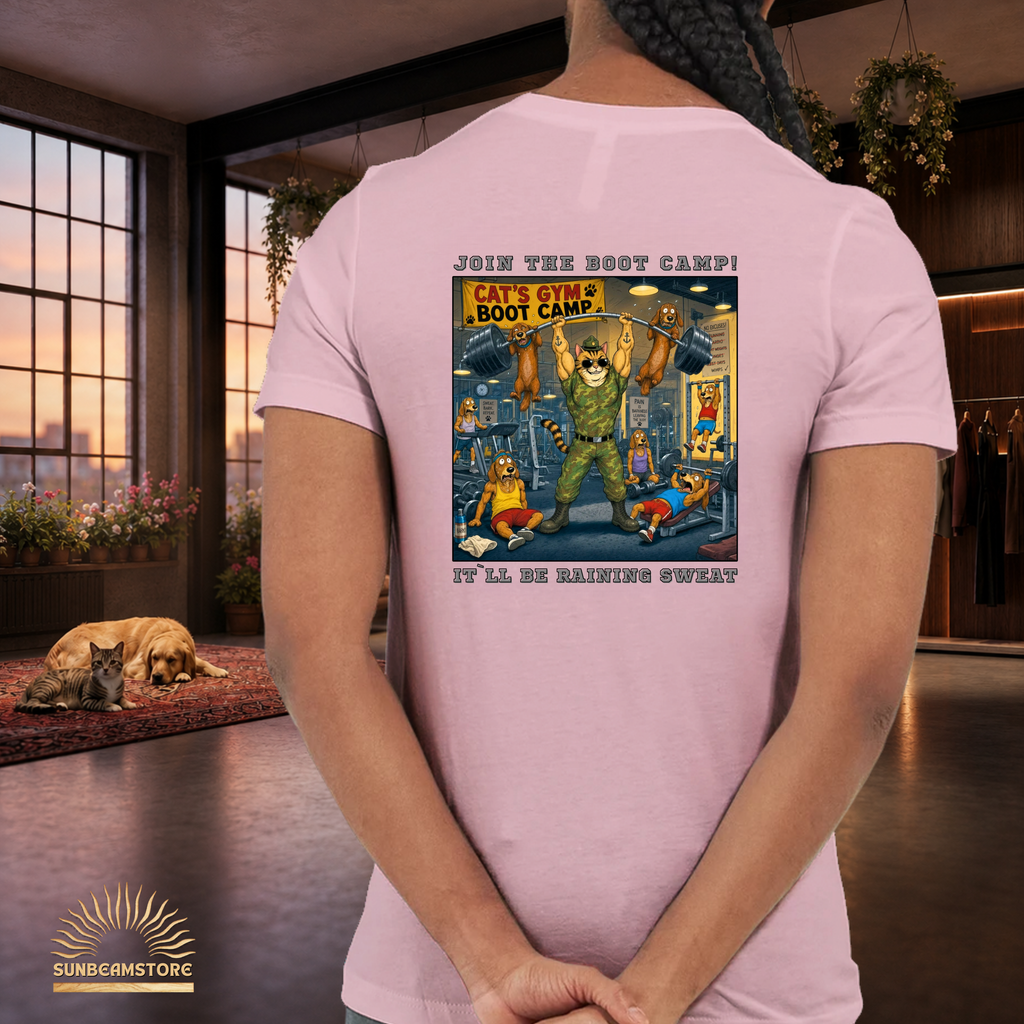 Max The Gym Cat T-Shirt II – Join the Boot Camp | Lustiges Fitness Katzen Shirt mit Rückenprint für Gym Fans & Katzenliebhaber Premium Unisex Crewneck T-shirt | Bella + Canvas 3001
