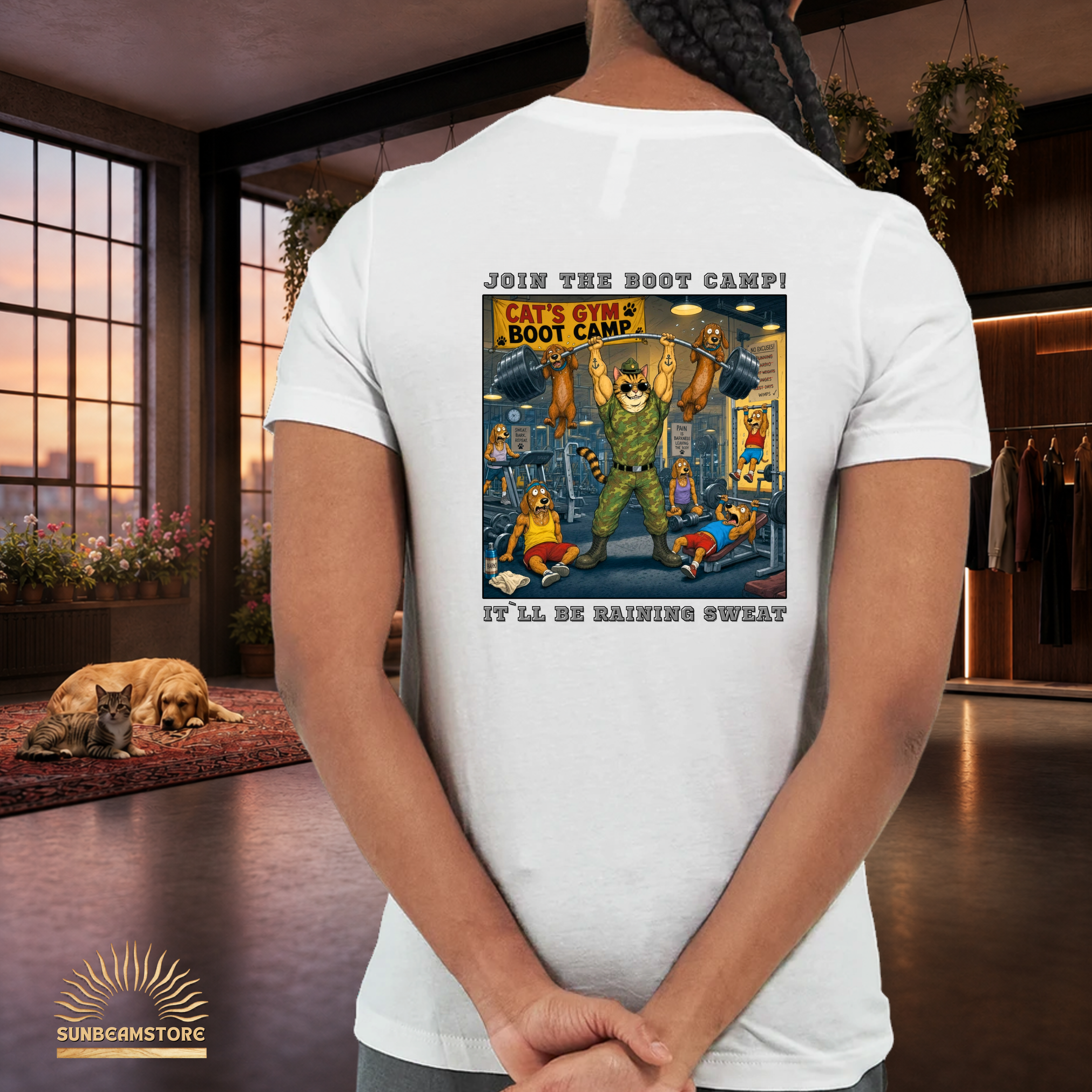 Max The Gym Cat T-Shirt II – Join the Boot Camp | Lustiges Fitness Katzen Shirt mit Rückenprint für Gym Fans & Katzenliebhaber Premium Unisex Crewneck T-shirt | Bella + Canvas 3001