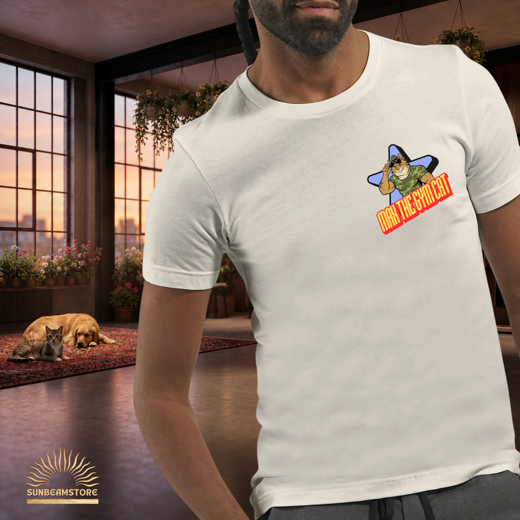 Max the Gym Cat I  – Lustiges Katzen Fitness T-Shirt I Comic Katzen Shirt mit Rückenprint für Gym-Fans und Katzenliebhaber - Premium Unisex Crewneck T-shirt | Bella + Canvas 3001