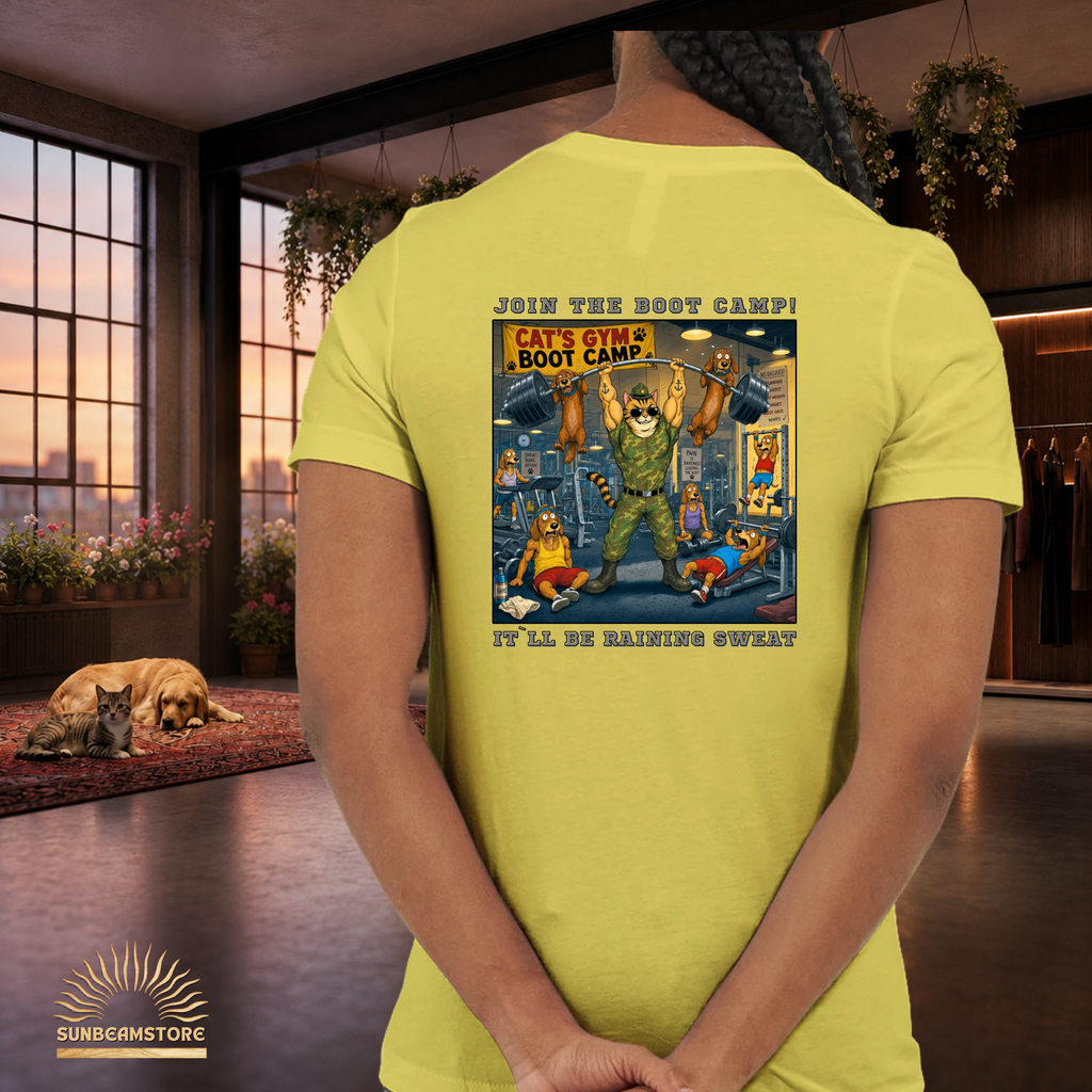 Max The Gym Cat T-Shirt II – Join the Boot Camp | Lustiges Fitness Katzen Shirt mit Rückenprint für Gym Fans & Katzenliebhaber Premium Unisex Crewneck T-shirt | Bella + Canvas 3001