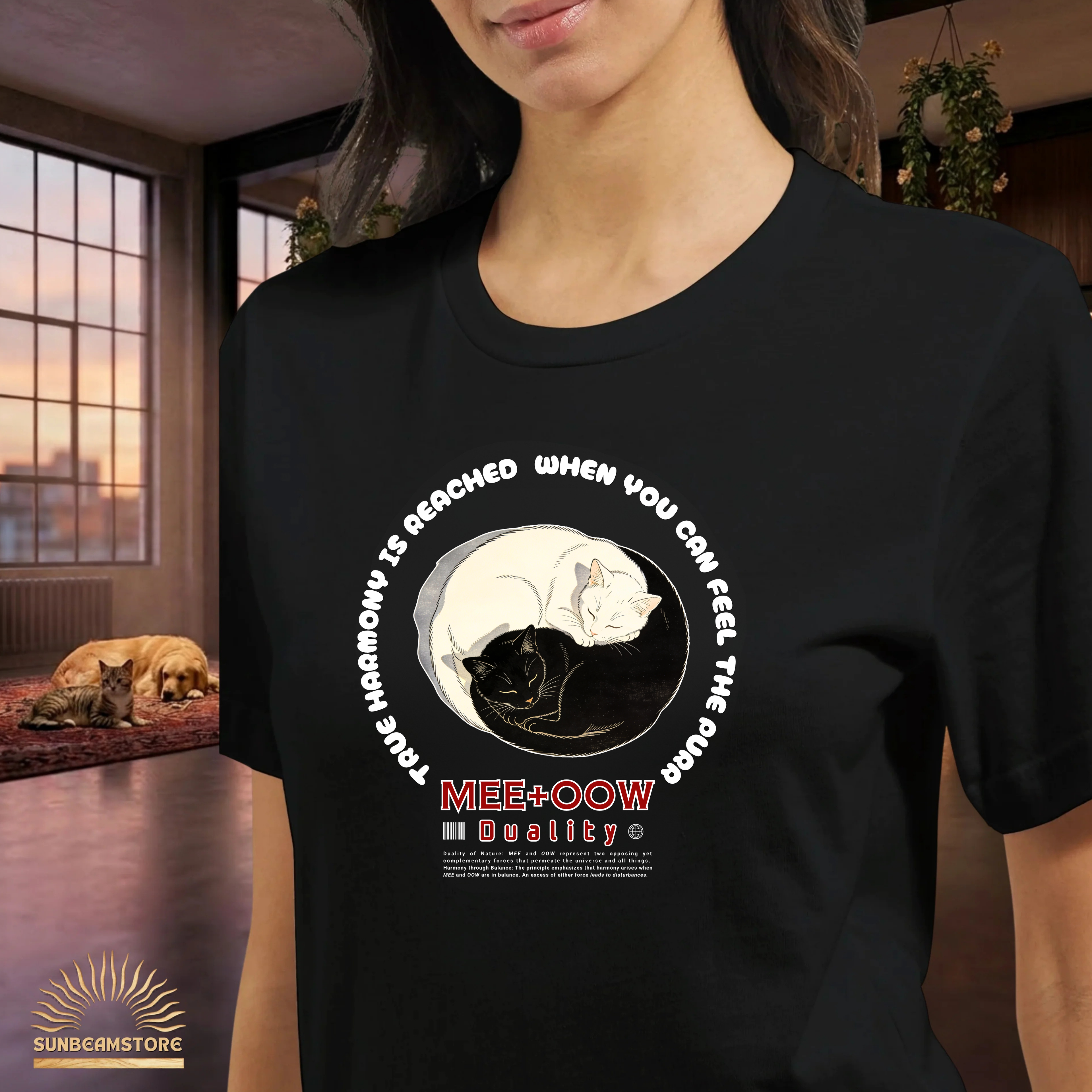 Yin Yang Katzen T-Shirt – Mee+Oow Duality, Minimalistisches Katzen Design, Balance & Harmonie, Katzenliebhaber Geschenk Premium Unisex Crewneck T-shirt | Bella + Canvas 3001