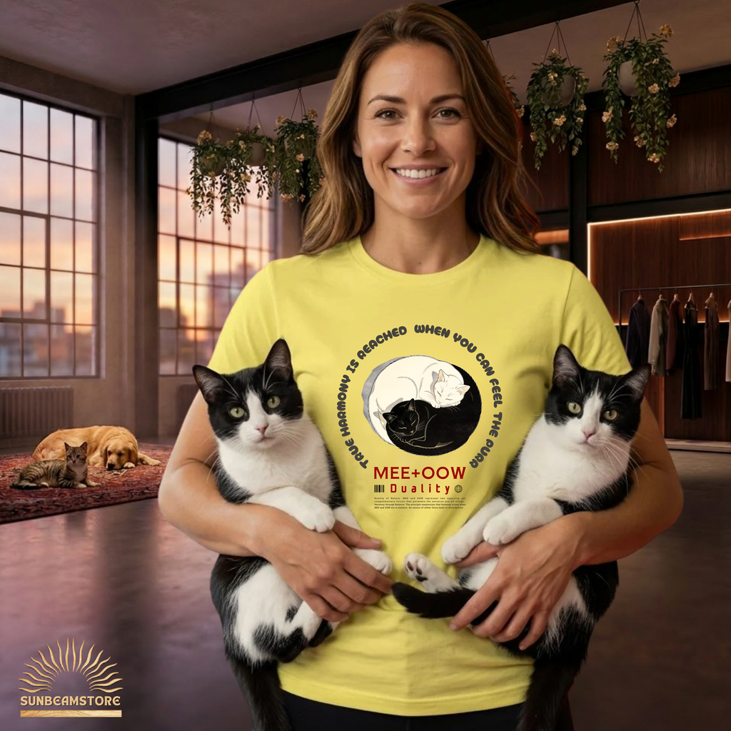 Yin Yang Katzen T-Shirt – Mee+Oow Duality, Minimalistisches Katzen Design, Balance & Harmonie, Katzenliebhaber Geschenk Premium Unisex Crewneck T-shirt | Bella + Canvas 3001