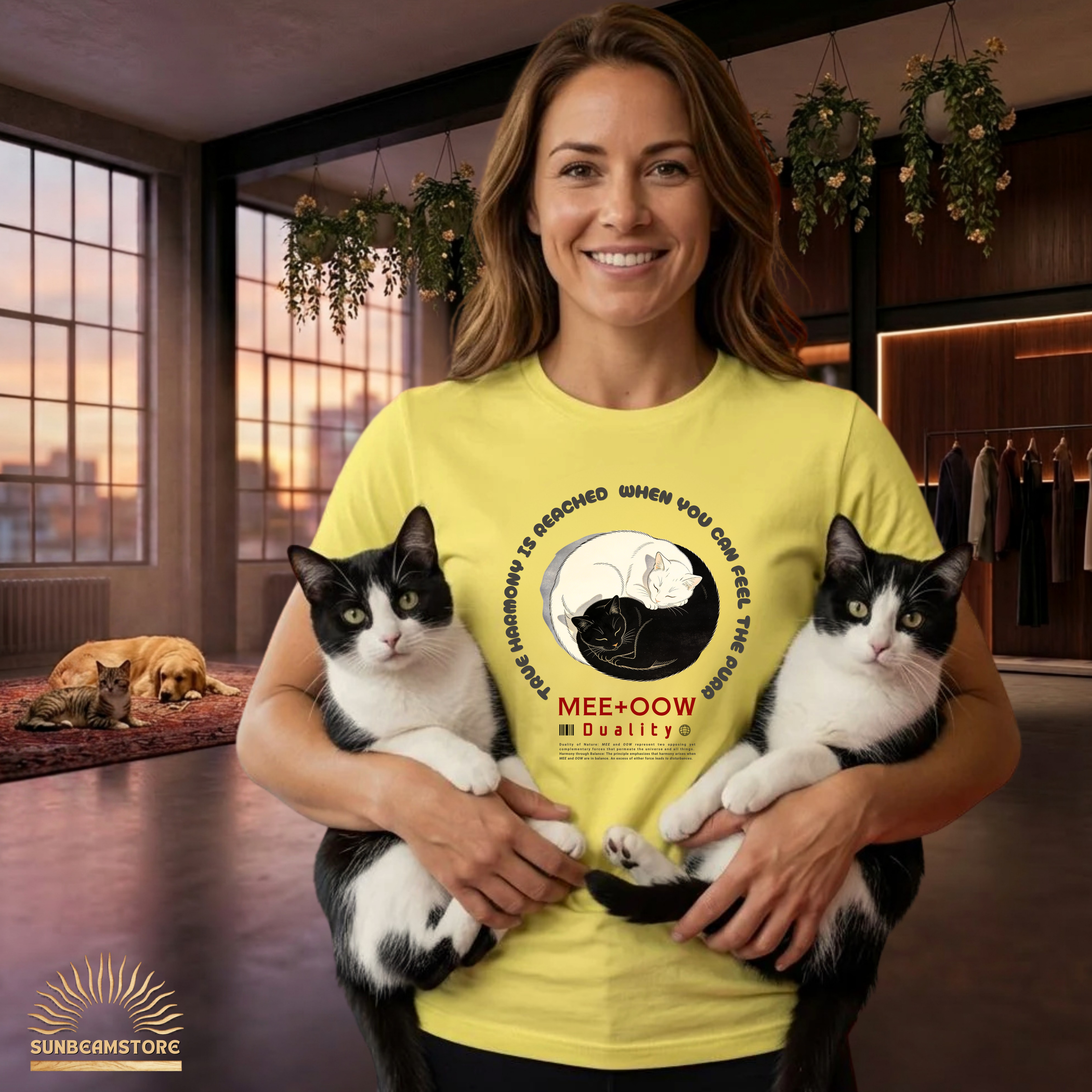 Yin Yang Katzen T-Shirt – Mee+Oow Duality, Minimalistisches Katzen Design, Balance & Harmonie, Katzenliebhaber Geschenk Premium Unisex Crewneck T-shirt | Bella + Canvas 3001