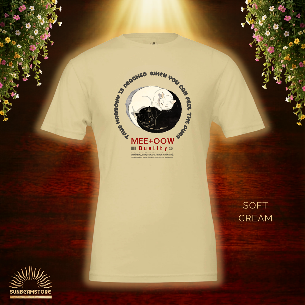 Yin Yang Katzen T-Shirt – Mee+Oow Duality, Minimalistisches Katzen Design, Balance & Harmonie, Katzenliebhaber Geschenk Premium Unisex Crewneck T-shirt | Bella + Canvas 3001