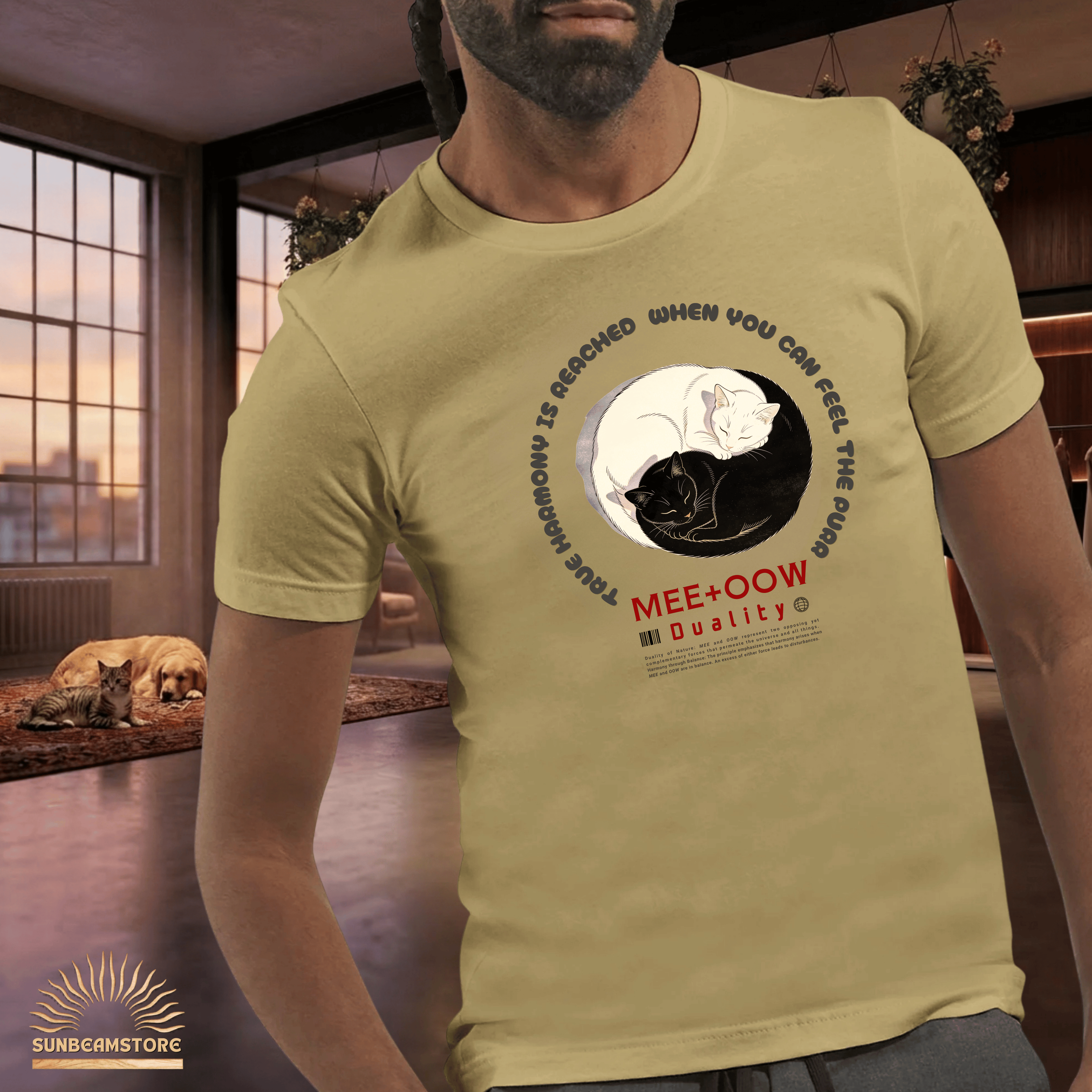 Yin Yang Katzen T-Shirt – Mee+Oow Duality, Minimalistisches Katzen Design, Balance & Harmonie, Katzenliebhaber Geschenk Premium Unisex Crewneck T-shirt | Bella + Canvas 3001