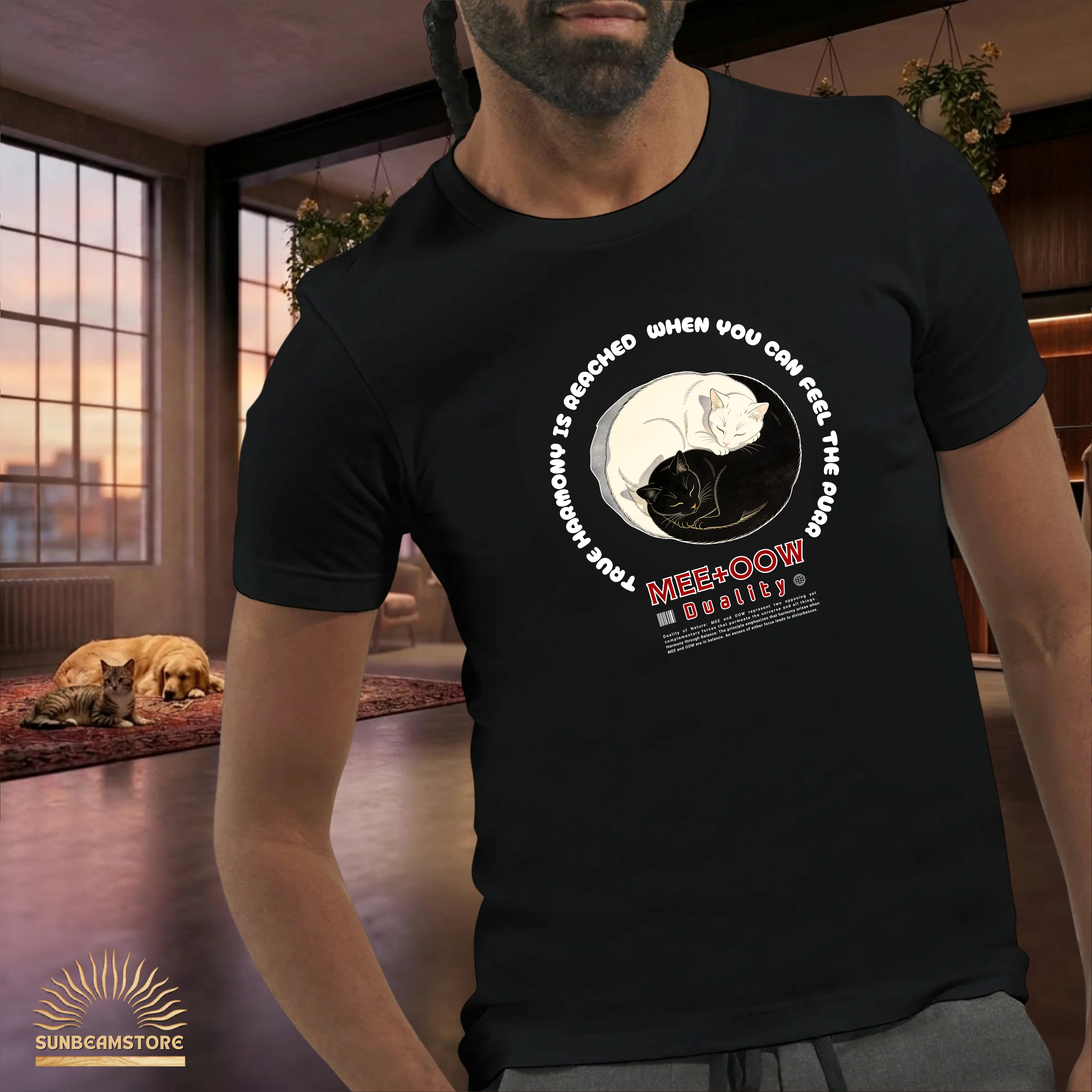 Yin Yang Katzen T-Shirt – Mee+Oow Duality, Minimalistisches Katzen Design, Balance & Harmonie, Katzenliebhaber Geschenk Premium Unisex Crewneck T-shirt | Bella + Canvas 3001