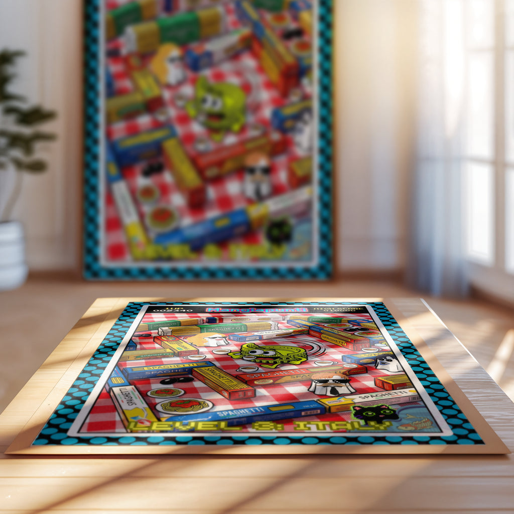 Catfishing in Italy – Italienische Pop Art | Lustige Pasta Wandkunst | Retro Comic Küchenbild | The Pasta Series No. 1 | Poster 70x100cm