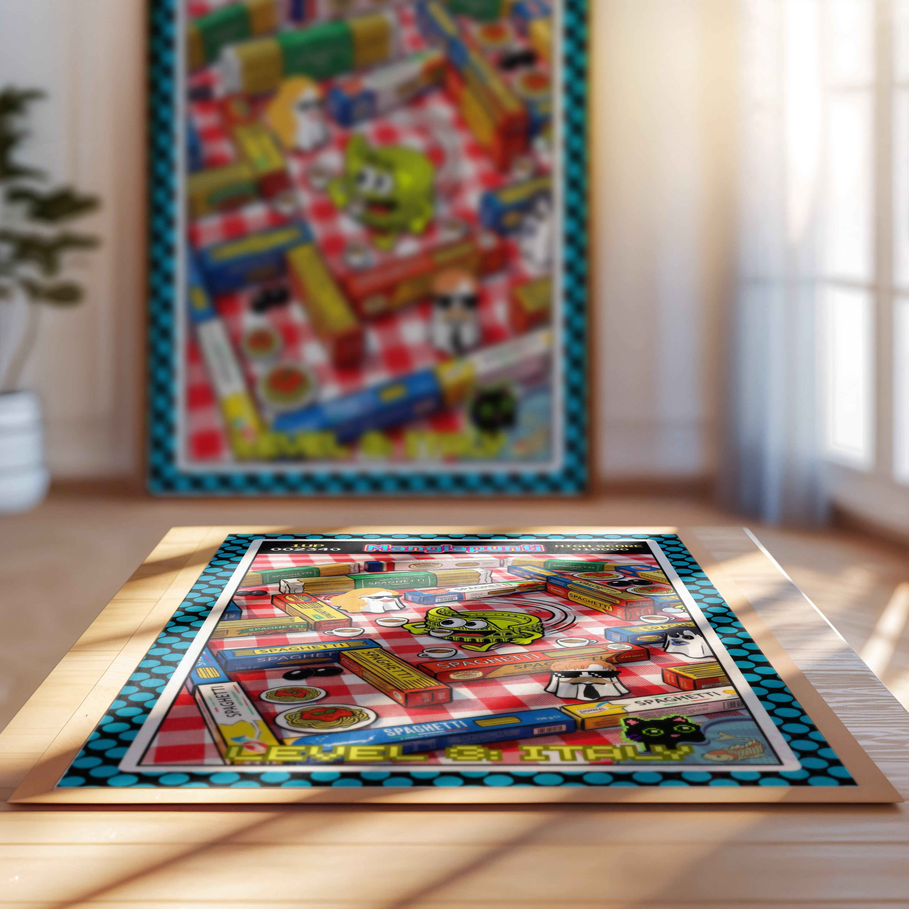 Catfishing in Italy – Italienische Pop Art | Lustige Pasta Wandkunst | Retro Comic Küchenbild | The Pasta Series No. 1 | Poster 70x100cm