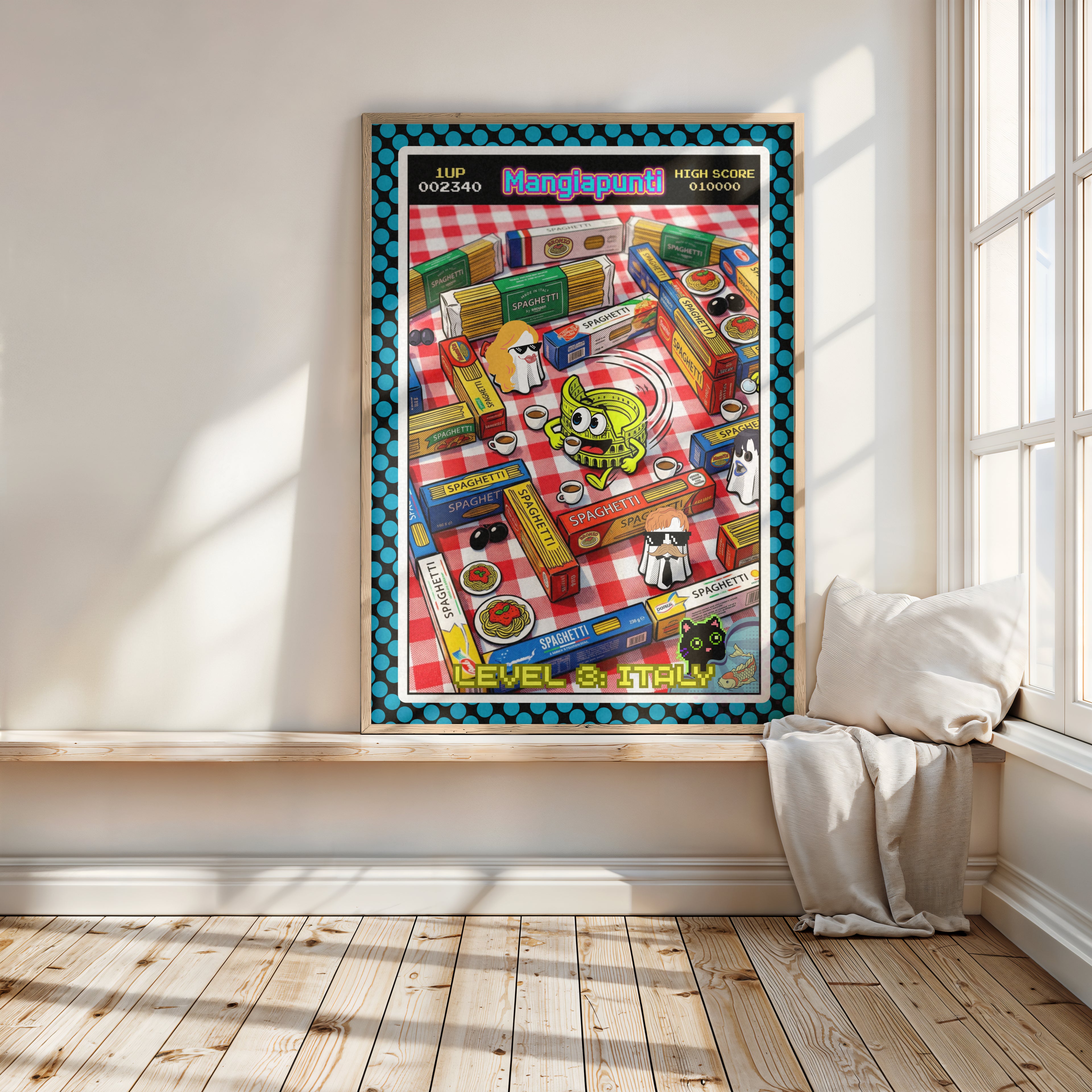 Catfishing in Italy – Italienische Pop Art | Lustige Pasta Wandkunst | Retro Comic Küchenbild | The Pasta Series No. 1 | Poster 70x100cm