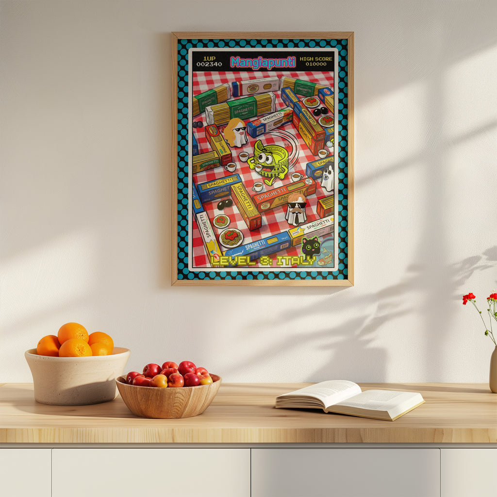 Catfishing in Italy – Italienische Pop Art | Lustige Pasta Wandkunst | Retro Comic Küchenbild | The Pasta Series No. 1 | Poster 70x100cm