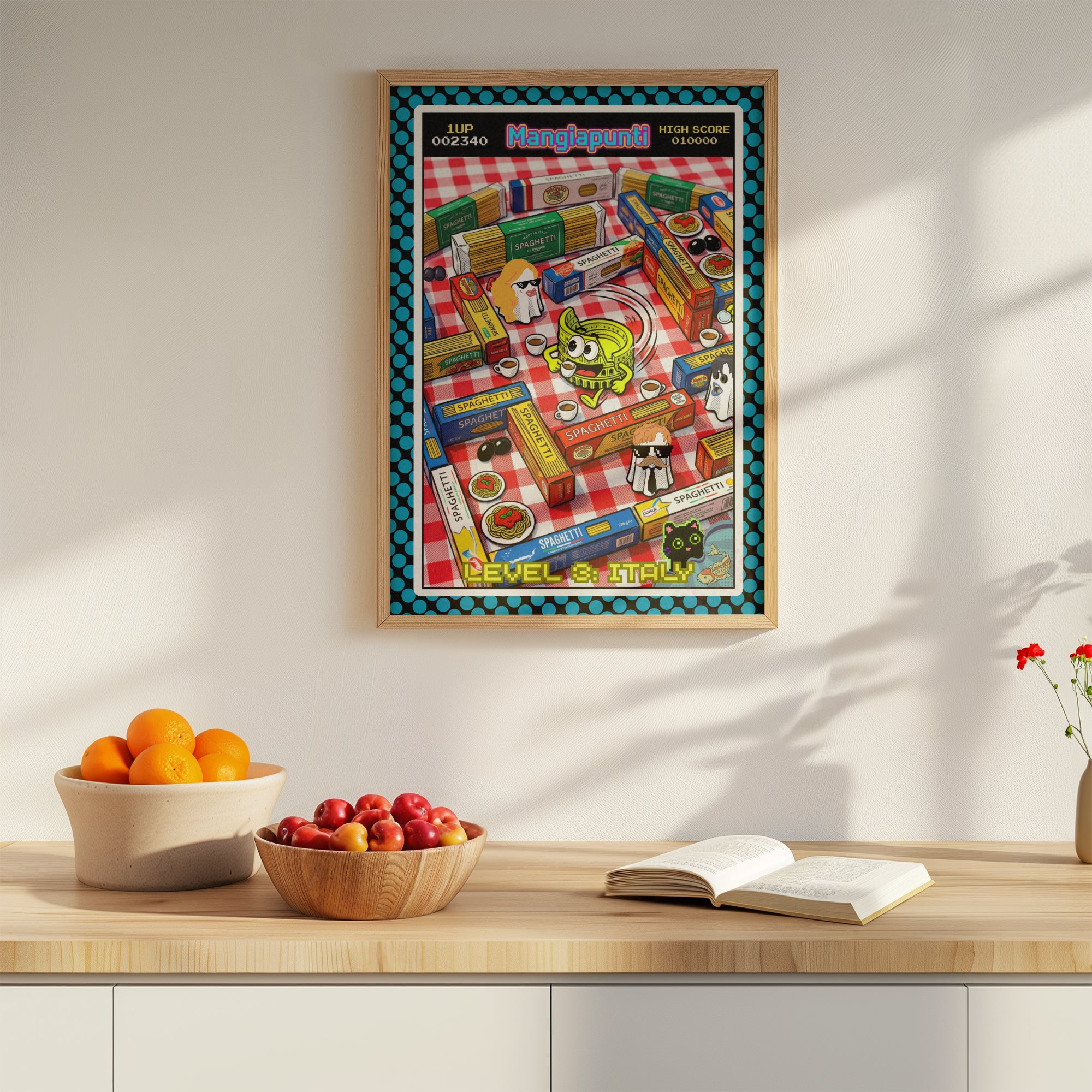 Catfishing in Italy – Italienische Pop Art | Lustige Pasta Wandkunst | Retro Comic Küchenbild | The Pasta Series No. 1 | Poster 70x100cm