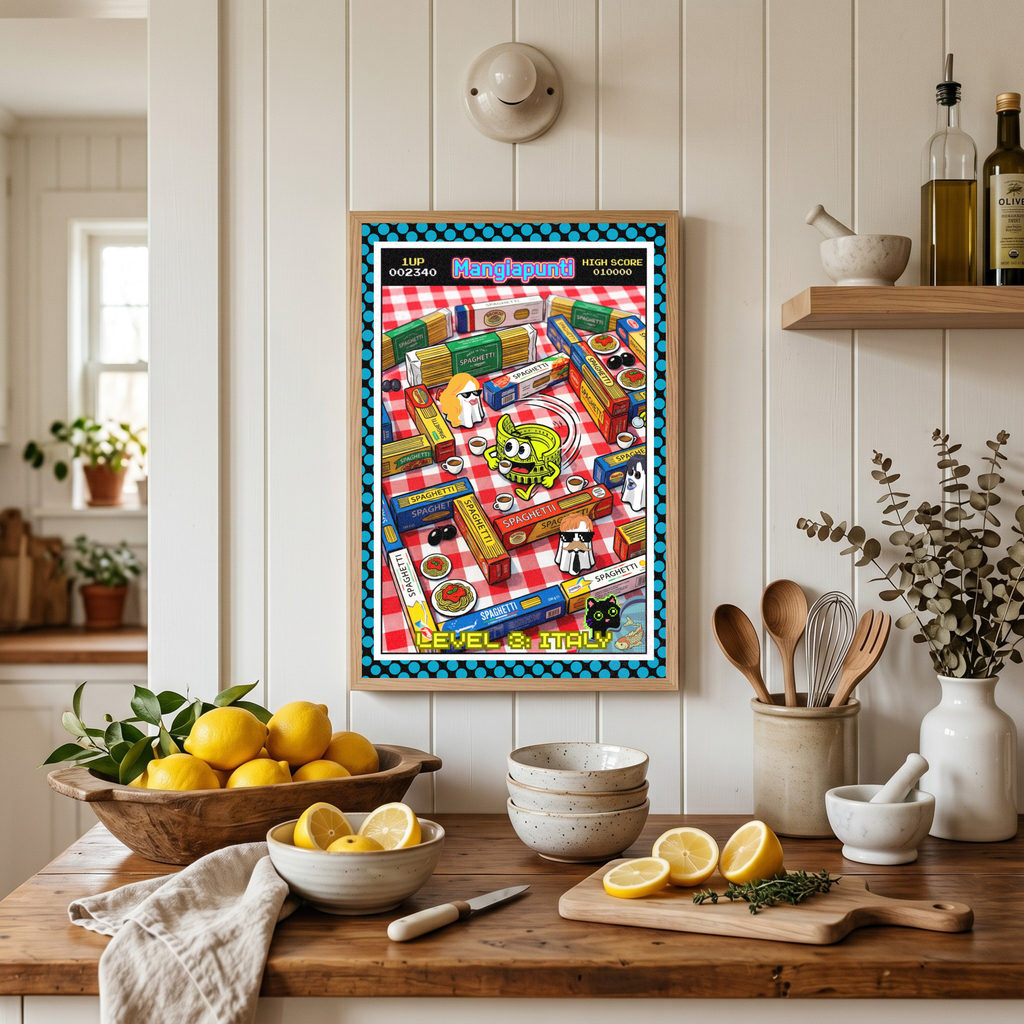 Catfishing in Italy – Italienische Pop Art | Lustige Pasta Wandkunst | Retro Comic Küchenbild | The Pasta Series No. 1 | Poster 70x100cm