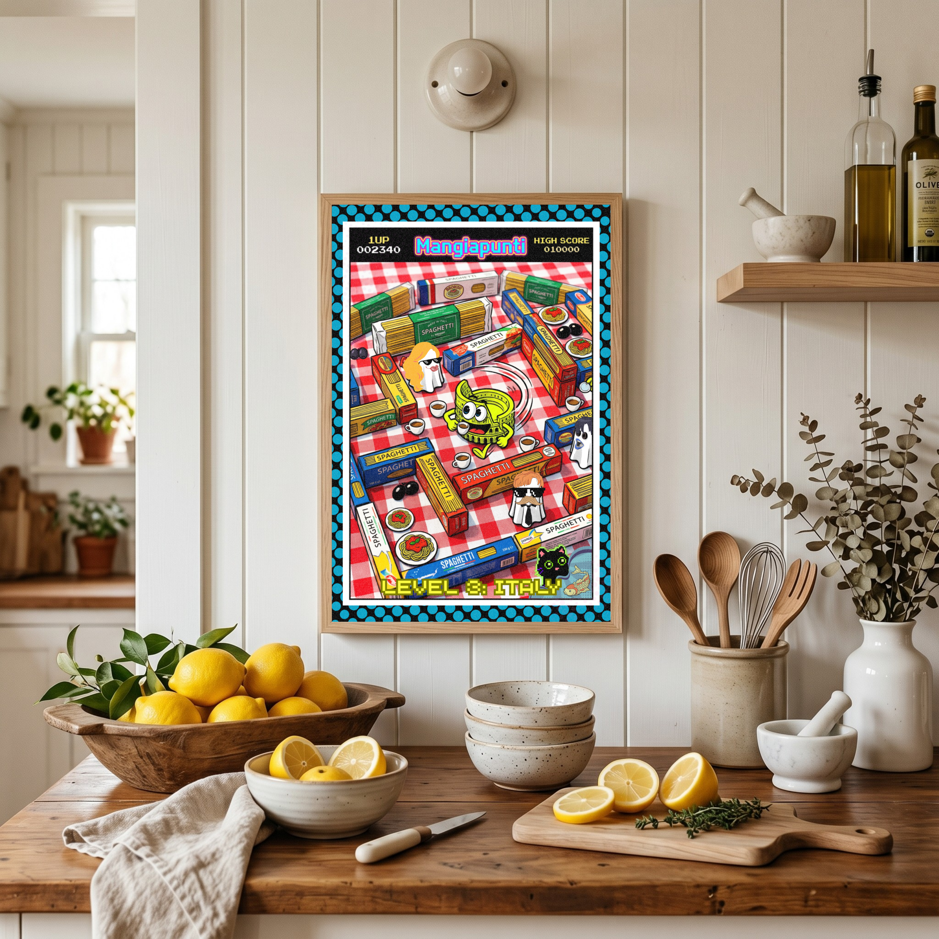 Catfishing in Italy – Italienische Pop Art | Lustige Pasta Wandkunst | Retro Comic Küchenbild | The Pasta Series No. 1 | Poster 70x100cm
