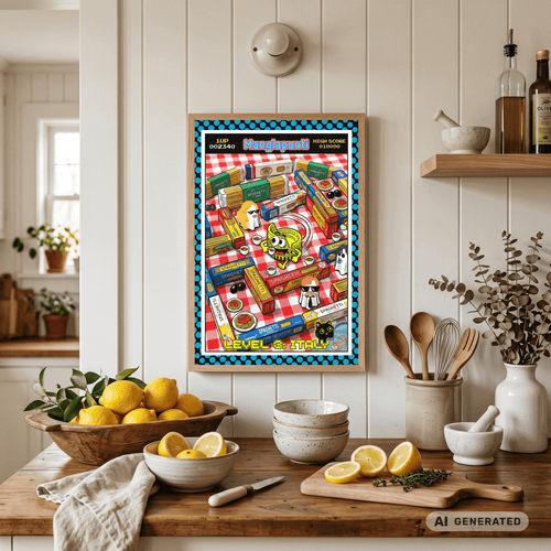 Catfishing in Italy – Italienische Pop Art | Lustige Pasta Wandkunst | Retro Comic Küchenbild | The Pasta Series No. 1| Premium Semi-Glossy Paper Wooden Framed Poster DIN A1-A4 - Sunbeamstore