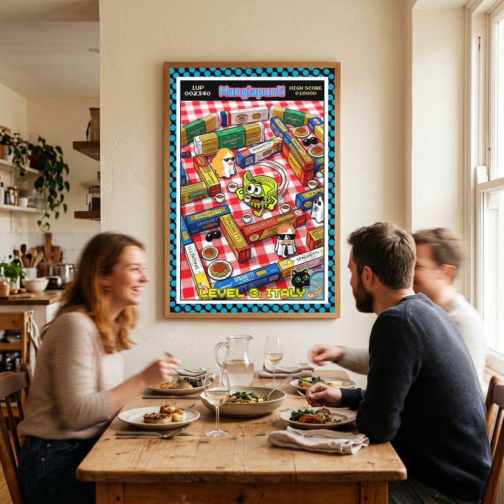 Catfishing in Italy – Italienische Pop Art | Lustige Pasta Wandkunst | Retro Comic Küchenbild | The Pasta Series No. 1 | Poster 70x100cm