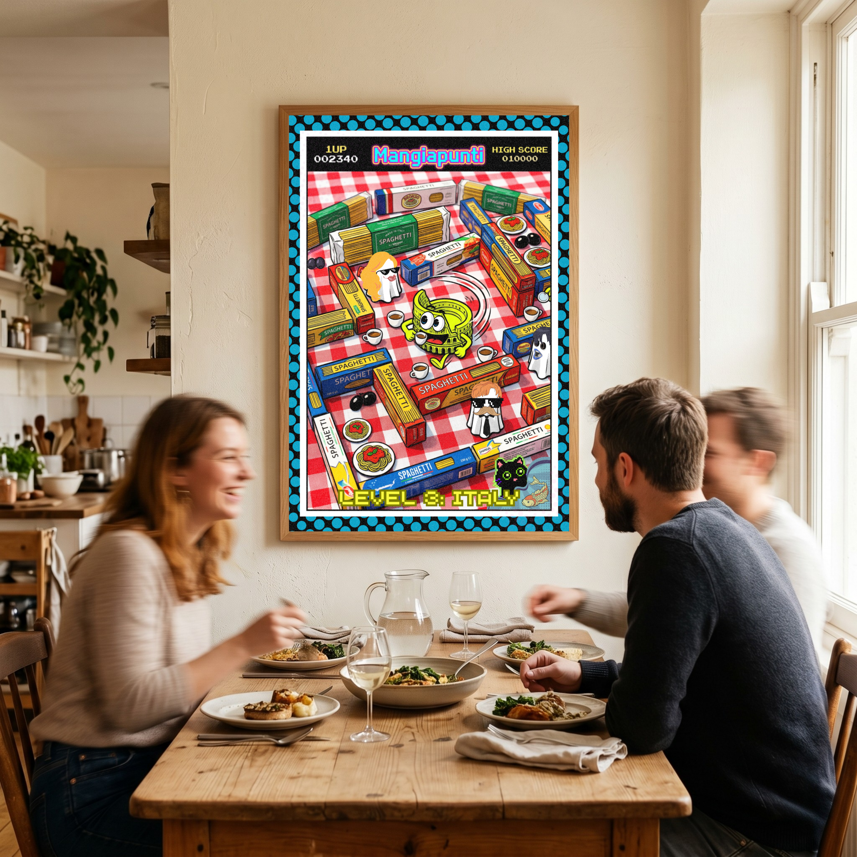 Catfishing in Italy – Italienische Pop Art | Lustige Pasta Wandkunst | Retro Comic Küchenbild | The Pasta Series No. 1 | Poster 70x100cm