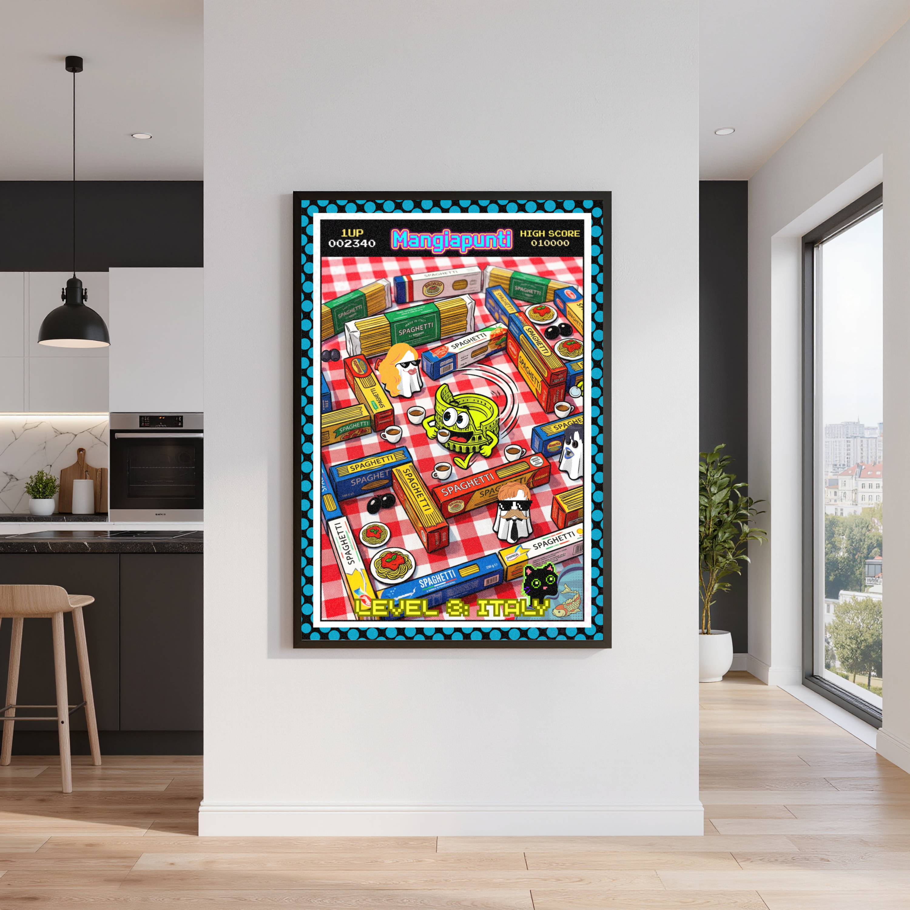 Catfishing in Italy – Italienische Pop Art | Lustige Pasta Wandkunst | Retro Comic Küchenbild | The Pasta Series No. 1 | Poster 70x100cm